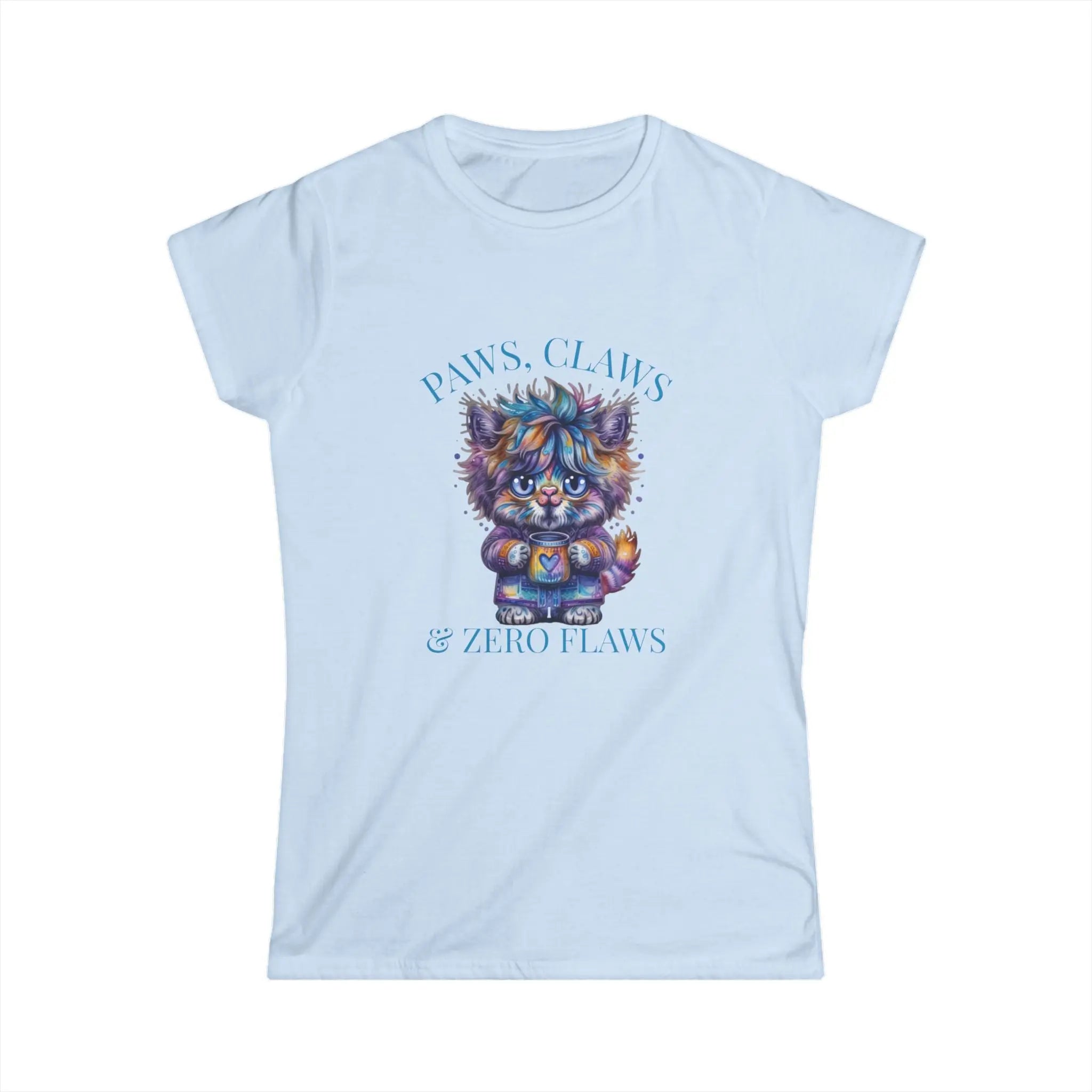 Fluffy Cat Coffee T-Shirt – Paws, Claws, and Zero Flaws Colorful Cat Tee Printify