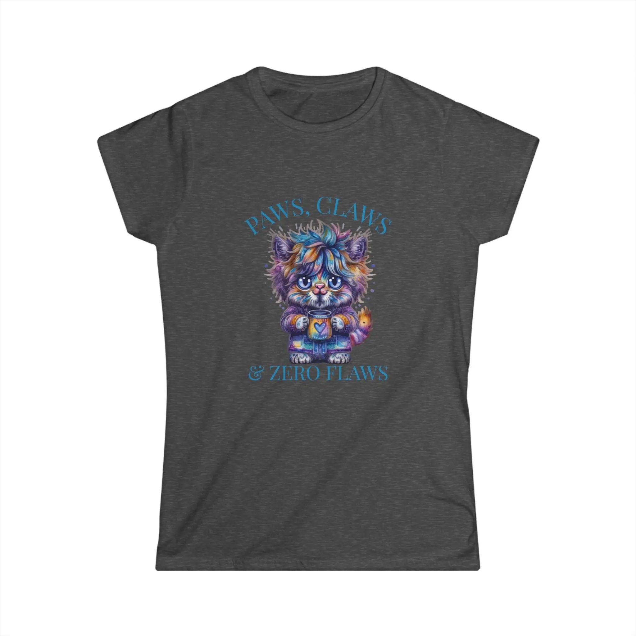 Fluffy Cat Coffee T-Shirt – Paws, Claws, and Zero Flaws Colorful Cat Tee Printify