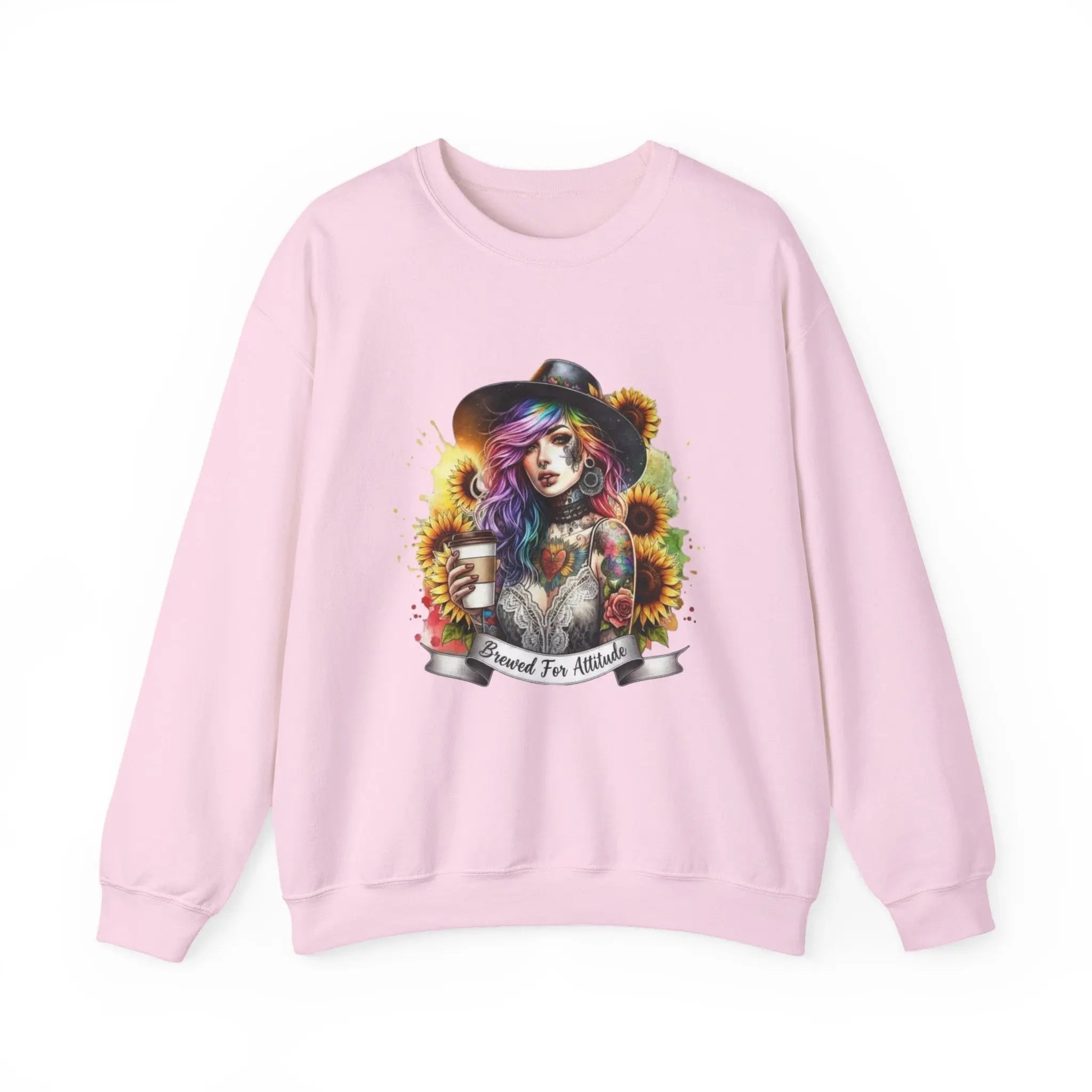 Brewed for Attitude Sunflower Sweatshirt, Cozy Unisex Crewneck, Gifts for Her, Trendy Fall Apparel, Tattoo Art Fashion Printify