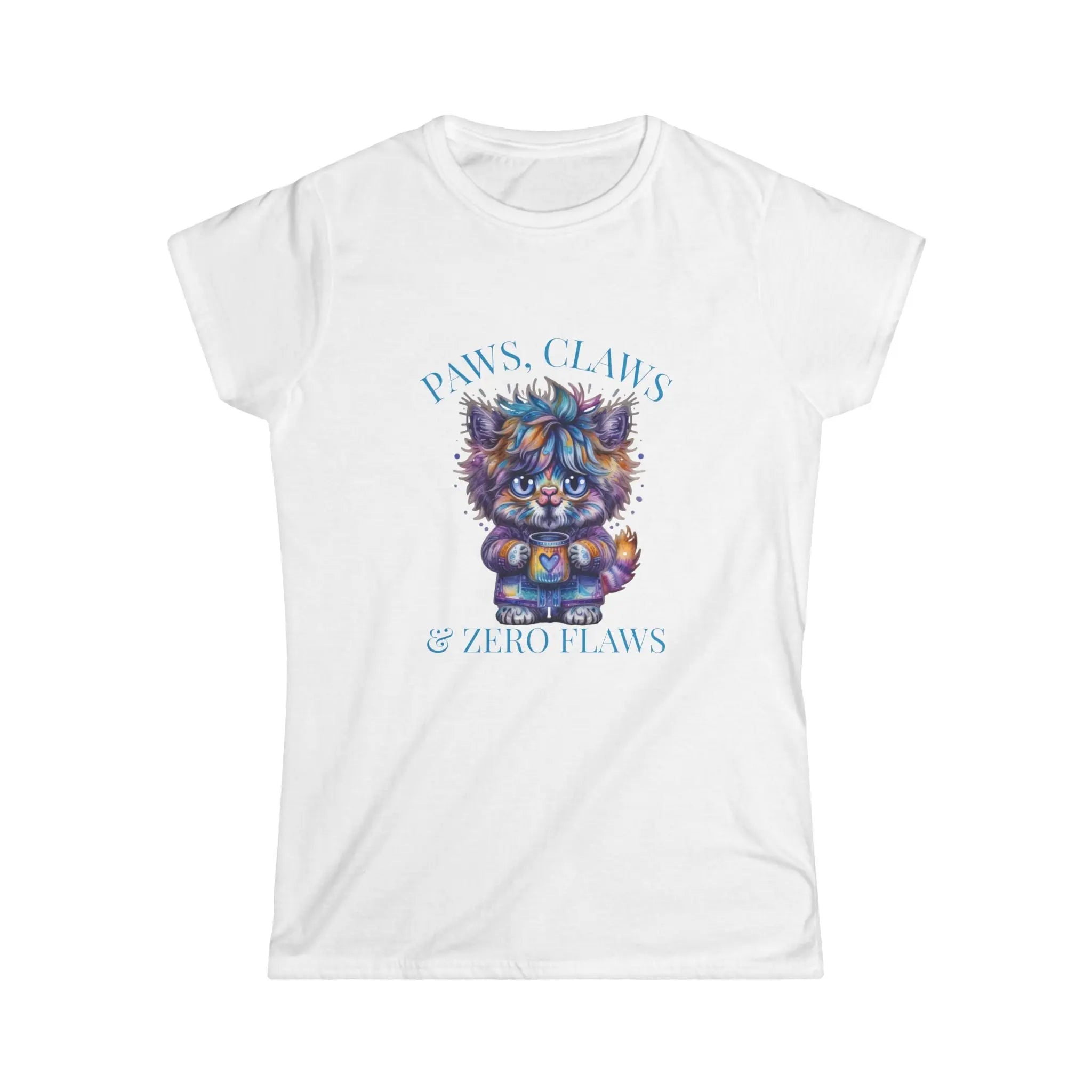 Fluffy Cat Coffee T-Shirt – Paws, Claws, and Zero Flaws Colorful Cat Tee Printify