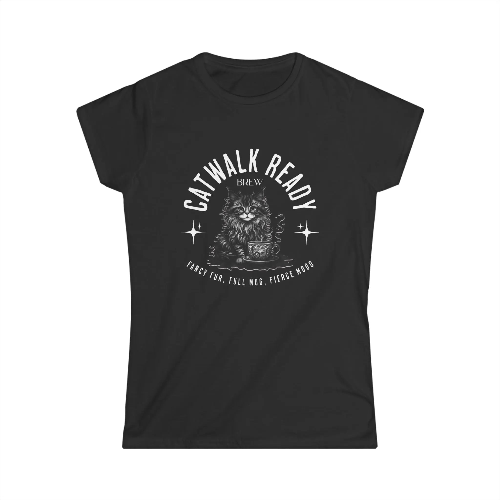 Elegant Cat Coffee T-Shirt – Catwalk Ready Brew, Fancy Fur, Full Mug, Fierce Mood Printify