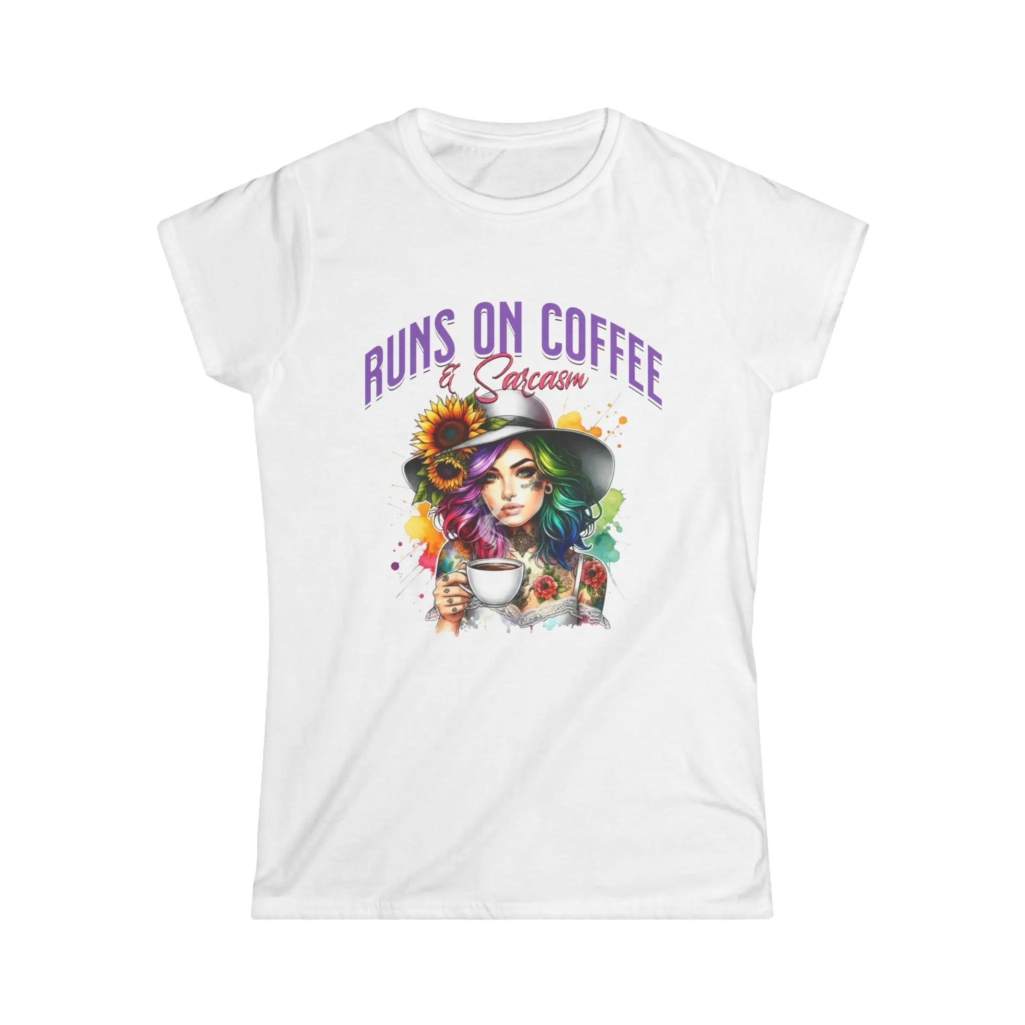 Runs on Coffee and Sarcasm T-shirt- Handmade Gift for Women, Casualwear, Coffee Addict Shirt, Fun Graphic Tee, Unique Gift Idea Printify