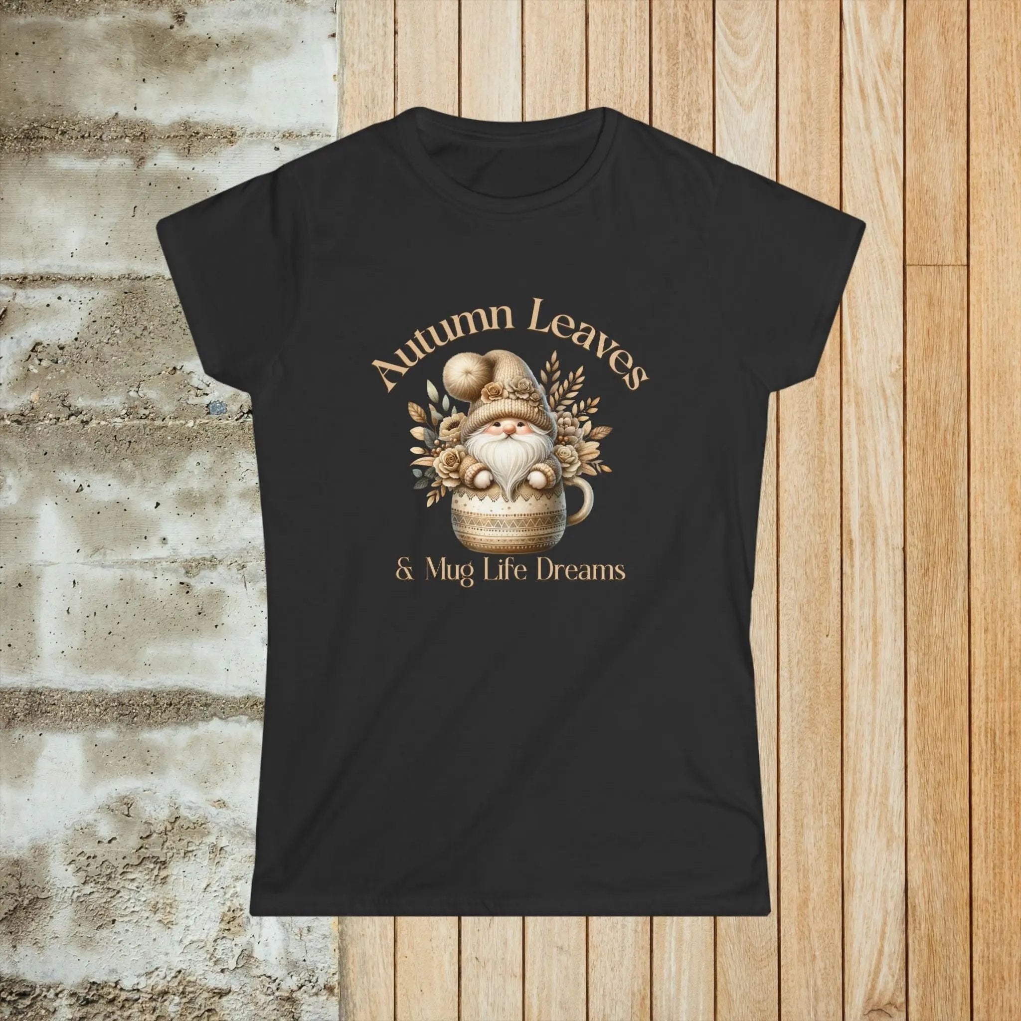 Autumn Leaves Women's Softstyle Tee - Cozy gnome ina coffee cup fall vibes Printify