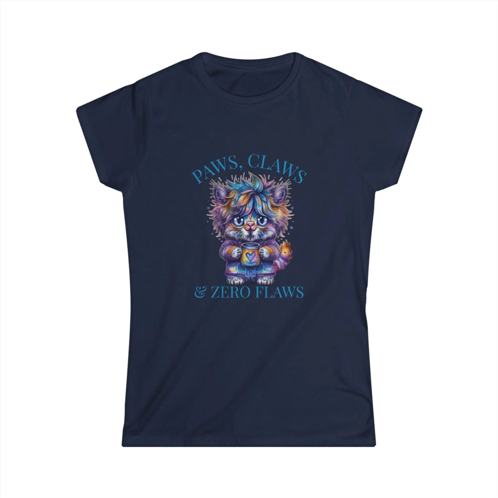 Fluffy Cat Coffee T-Shirt – Paws, Claws, and Zero Flaws Colorful Cat Tee Printify