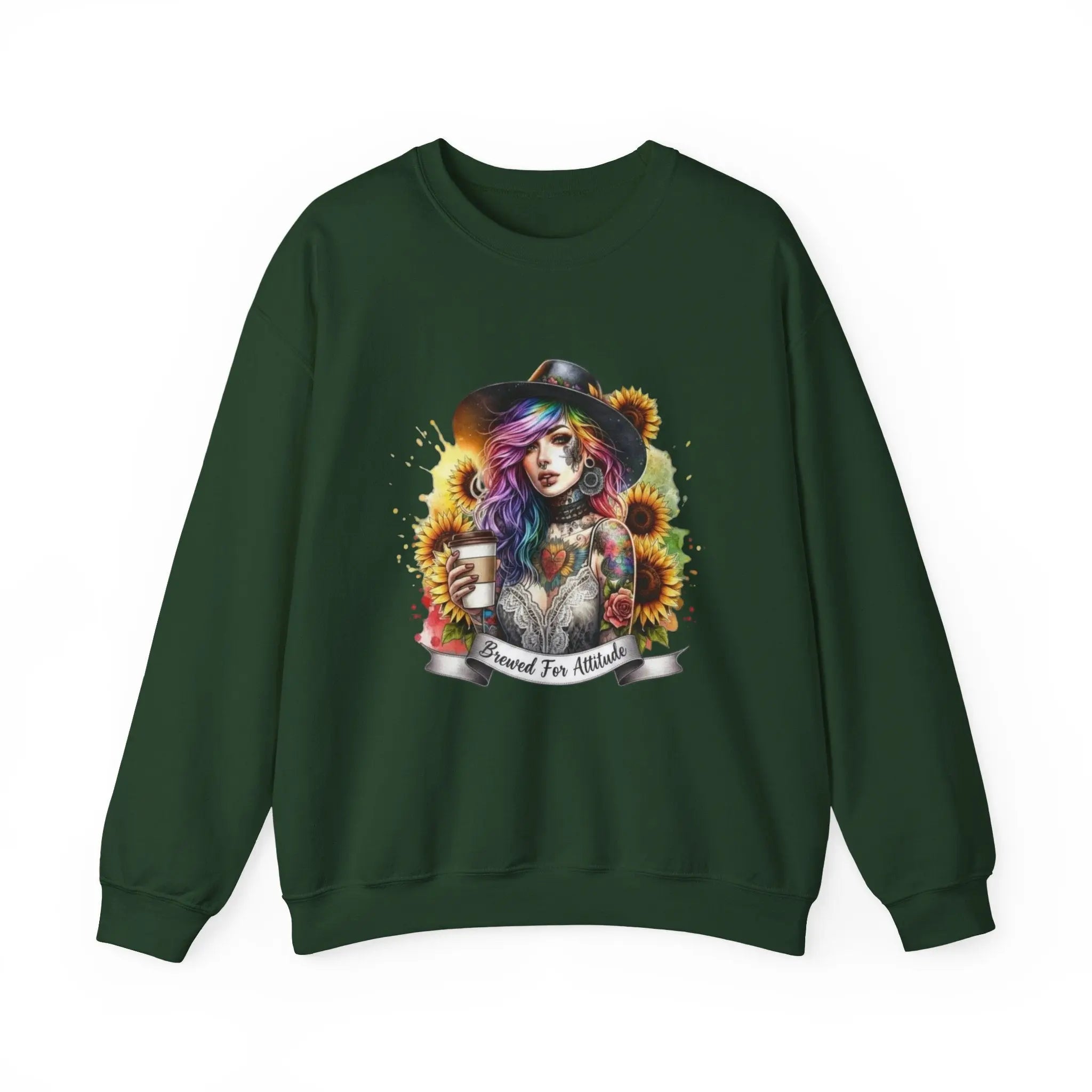 Brewed for Attitude Sunflower Sweatshirt, Cozy Unisex Crewneck, Gifts for Her, Trendy Fall Apparel, Tattoo Art Fashion Printify