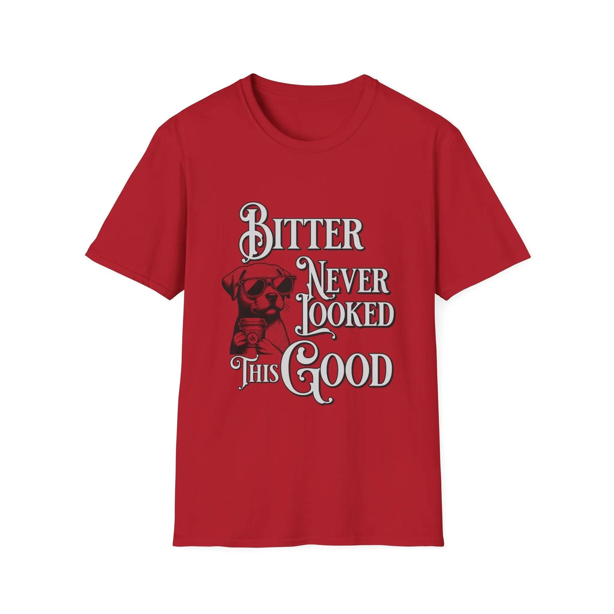 Men’s Coffee T-Shirt – Cool Dog with Shades, Bitter Never Looked This Good - Boldly Bitter Company