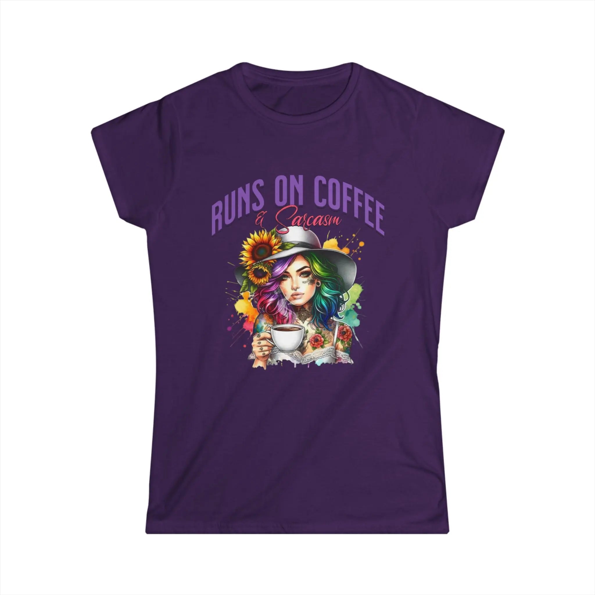 Runs on Coffee and Sarcasm T-shirt- Handmade Gift for Women, Casualwear, Coffee Addict Shirt, Fun Graphic Tee, Unique Gift Idea Printify