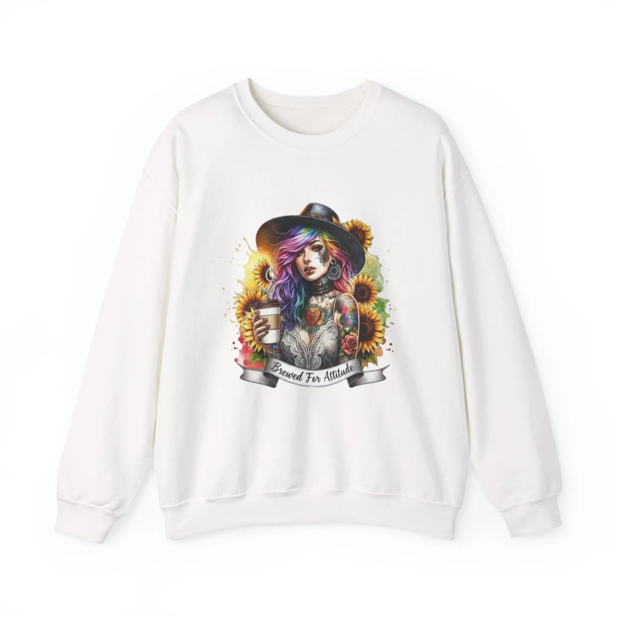 Brewed for Attitude Sunflower Sweatshirt, Cozy Unisex Crewneck, Gifts for Her, Trendy Fall Apparel, Tattoo Art Fashion Printify