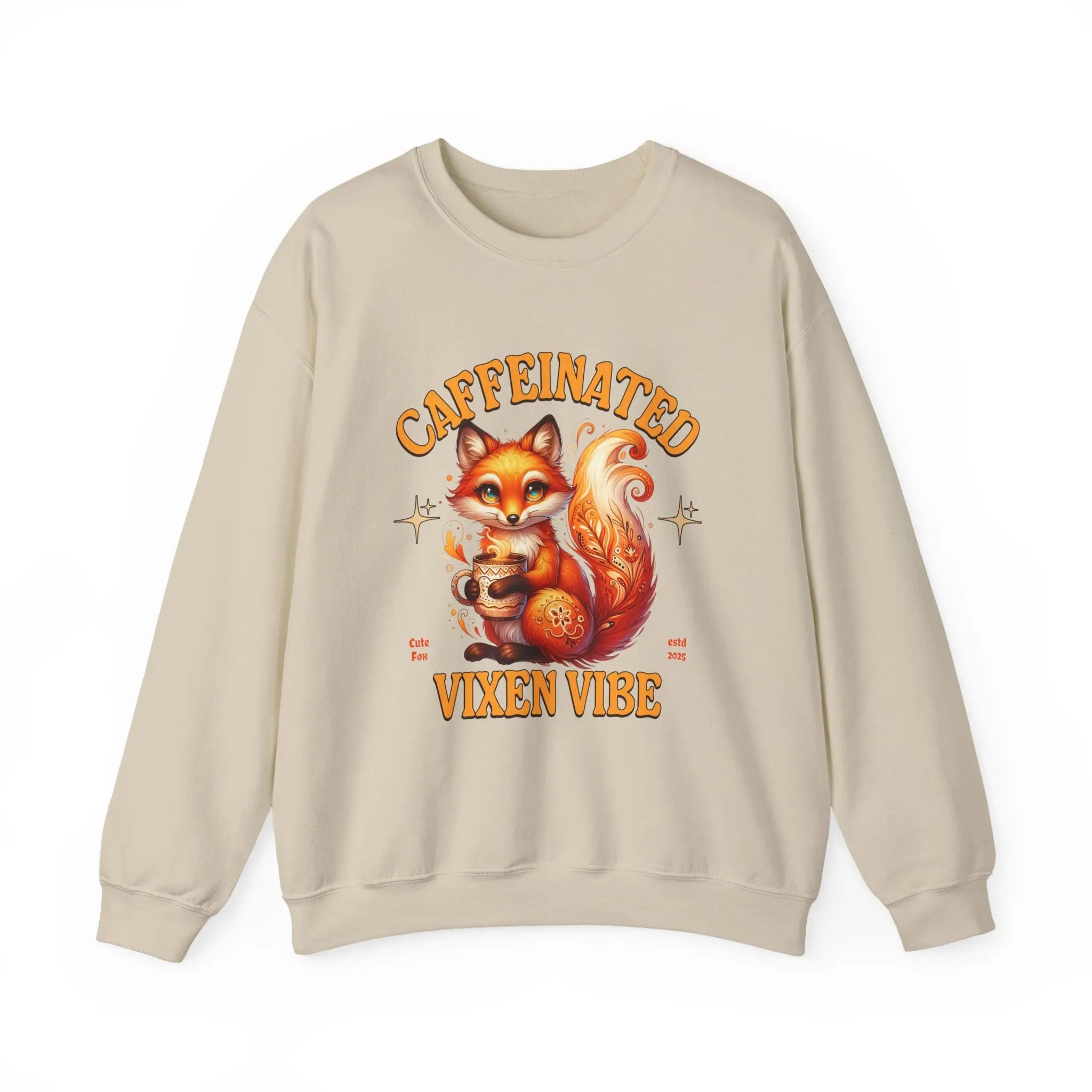 Caffeinated Vixen Vibe Sweatshirt, Cozy Unisex Crewneck for Coffee Lovers, Gift for Birthdays, Fall Fashion, Cute Animal Sweater Printify