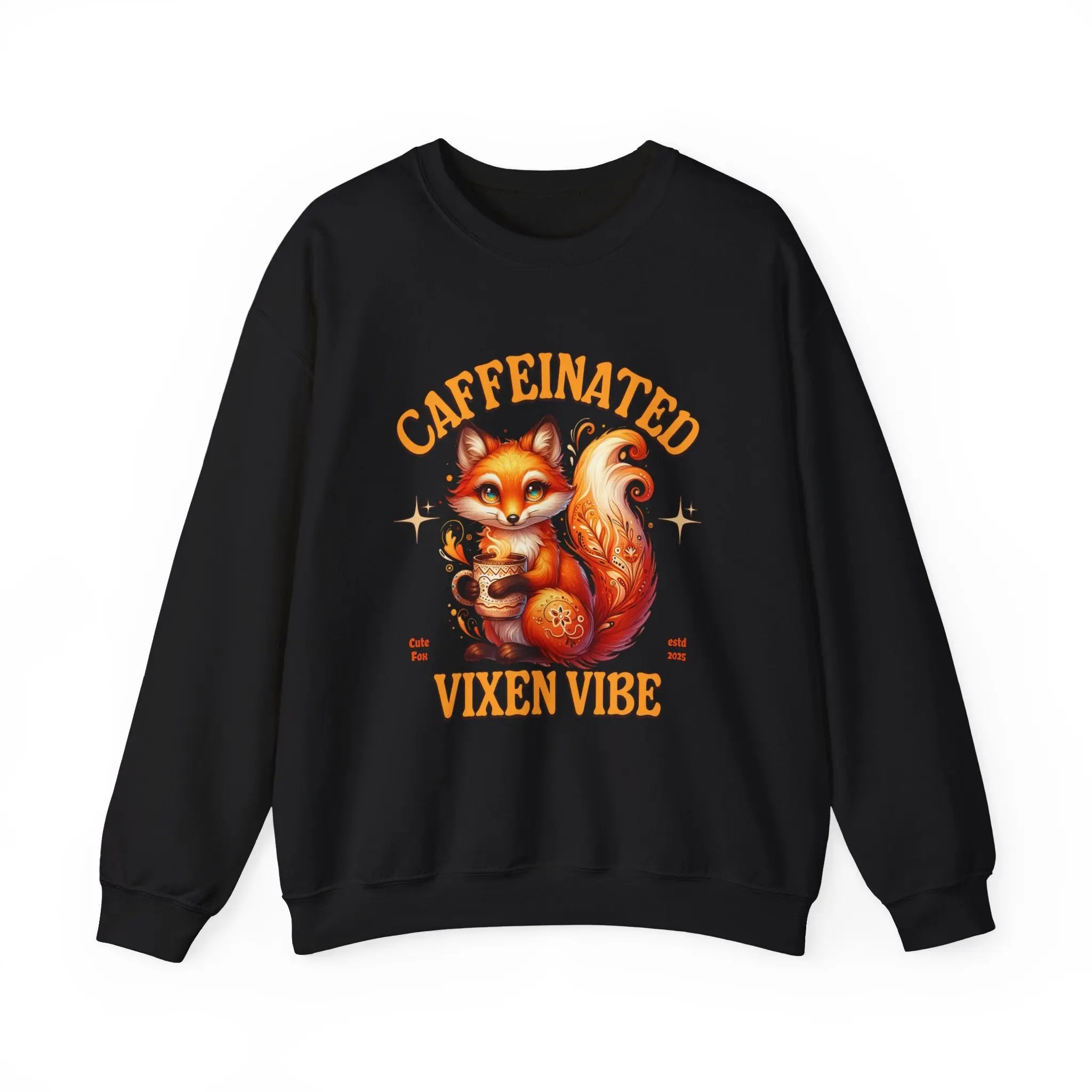 Caffeinated Vixen Vibe Sweatshirt, Cozy Unisex Crewneck for Coffee Lovers, Gift for Birthdays, Fall Fashion, Cute Animal Sweater Printify