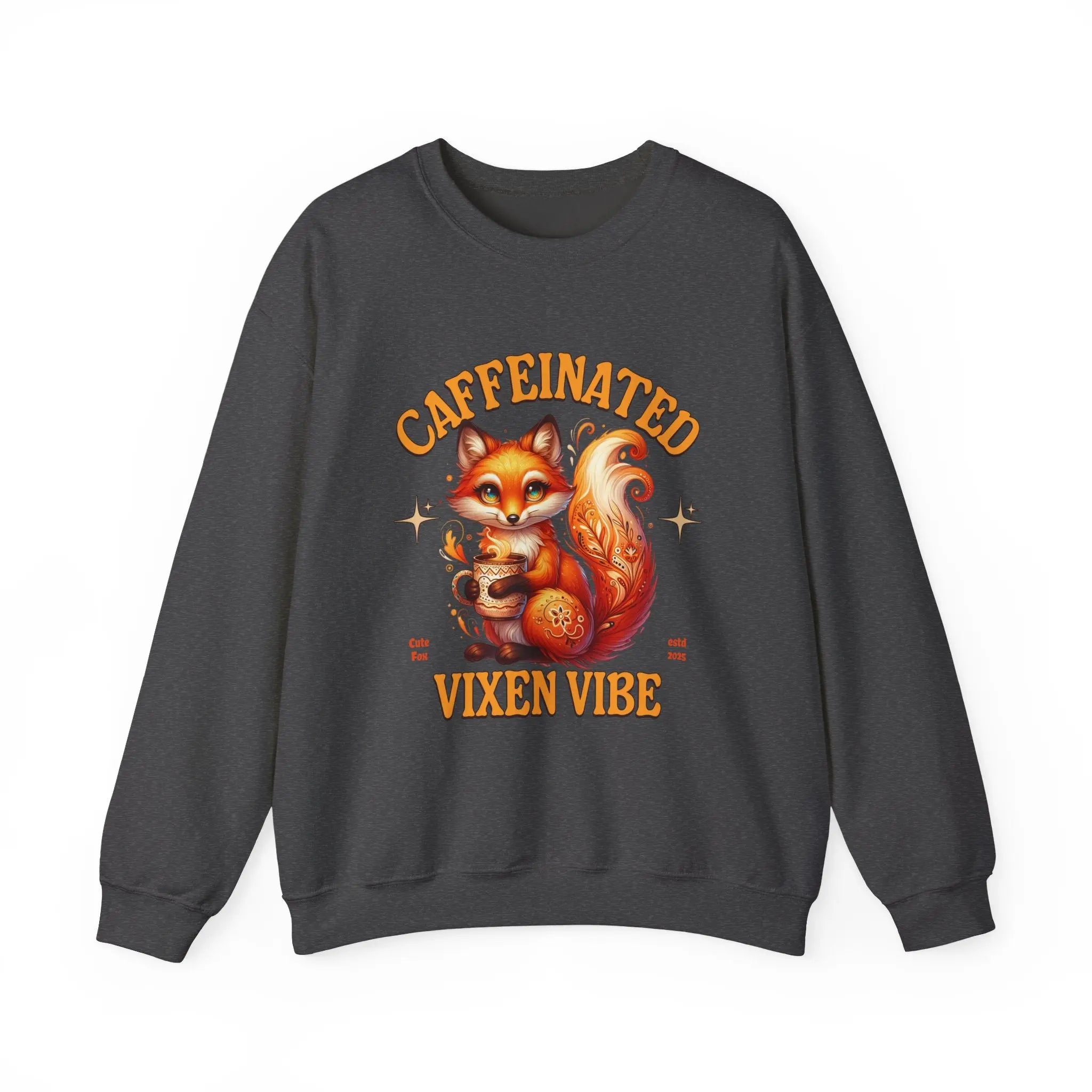 Caffeinated Vixen Vibe Sweatshirt, Cozy Unisex Crewneck for Coffee Lovers, Gift for Birthdays, Fall Fashion, Cute Animal Sweater Printify