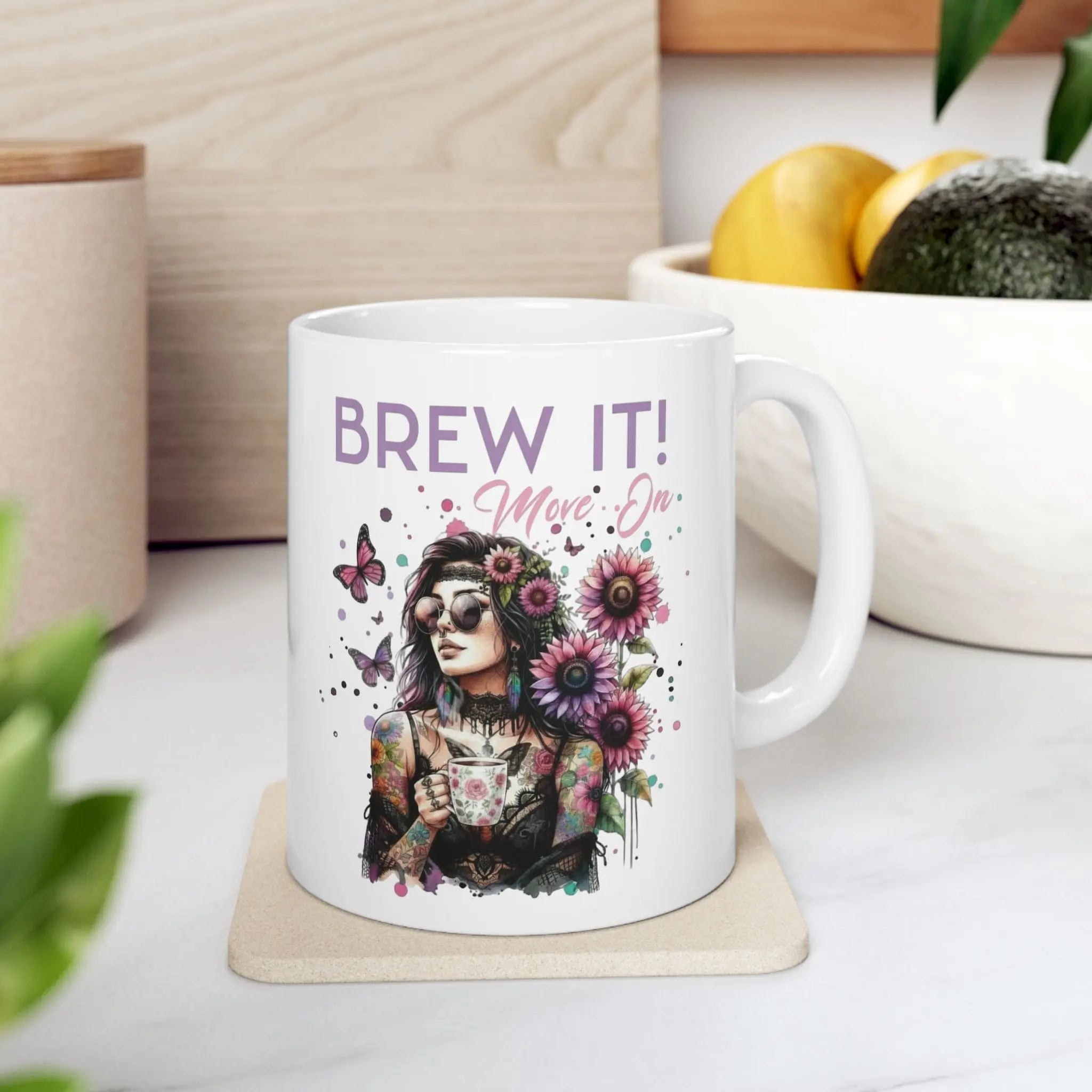 Brew It! Ceramic Mug - Motivational Coffee Cup, Gift for Her, Floral Design, Home or Office Decor, Tea Lover's Gift Printify