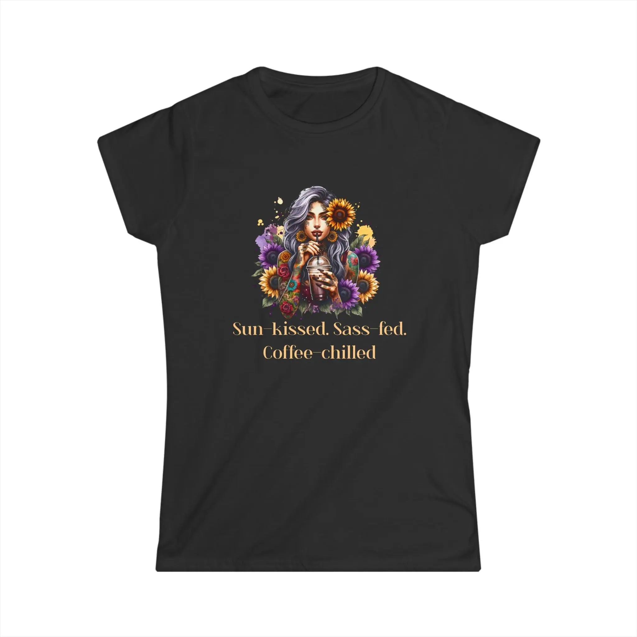 Sun-Kissed Tshirt -  Sass-Fed, Coffee Chilled - Sunflower Tattoo Woman Coffee Tee Printify