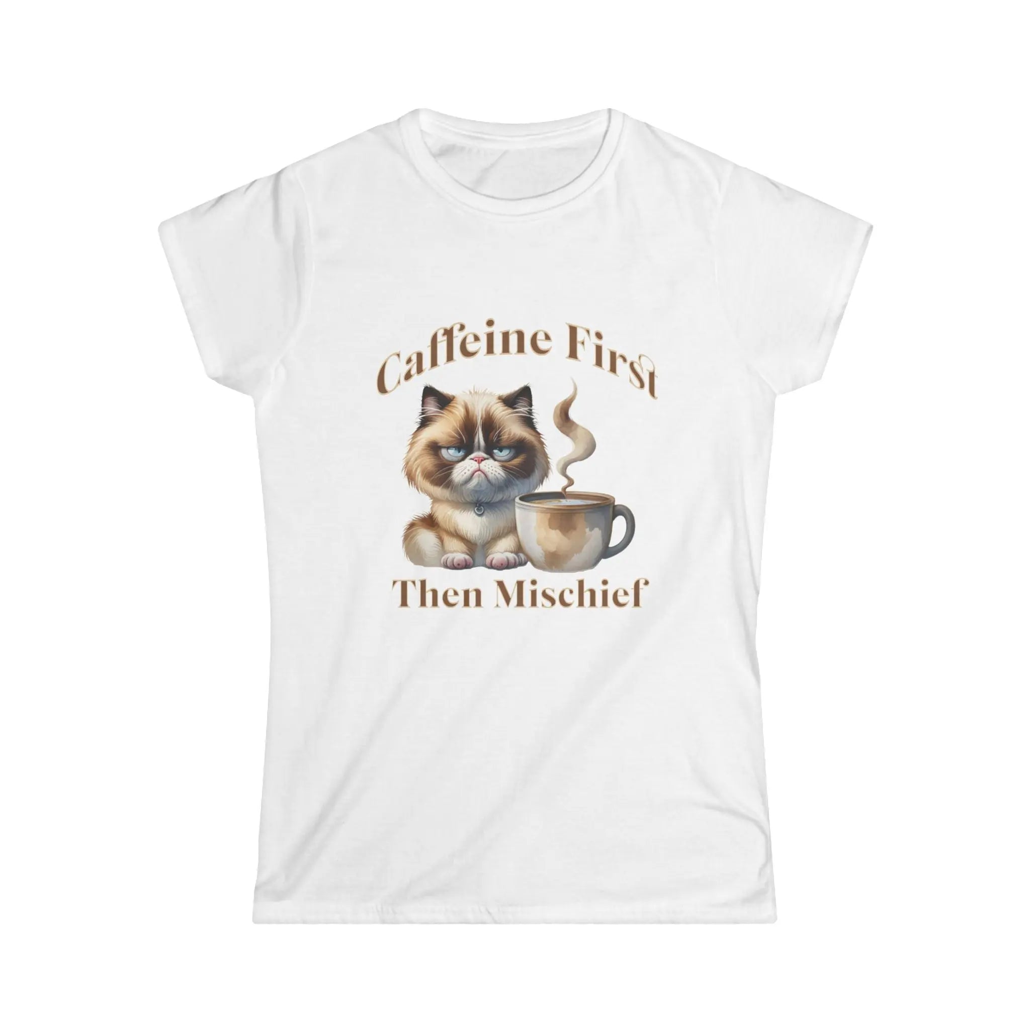 Caffeine First - Then Mischief Tee, Cat Coffee Tee, Cat Mischief T-shirt Printify