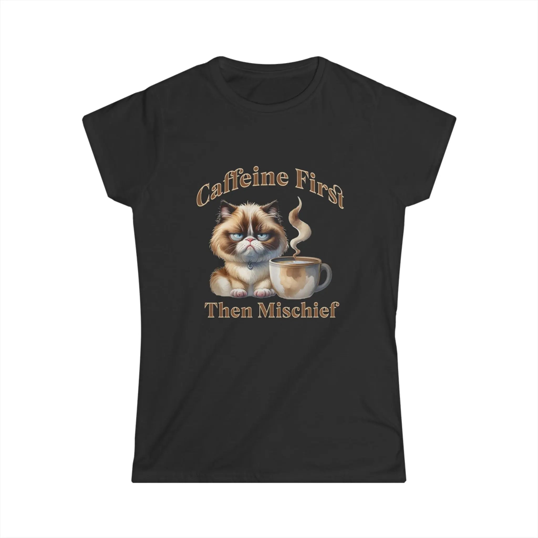 Caffeine First - Then Mischief Tee, Cat Coffee Tee, Cat Mischief T-shirt Printify