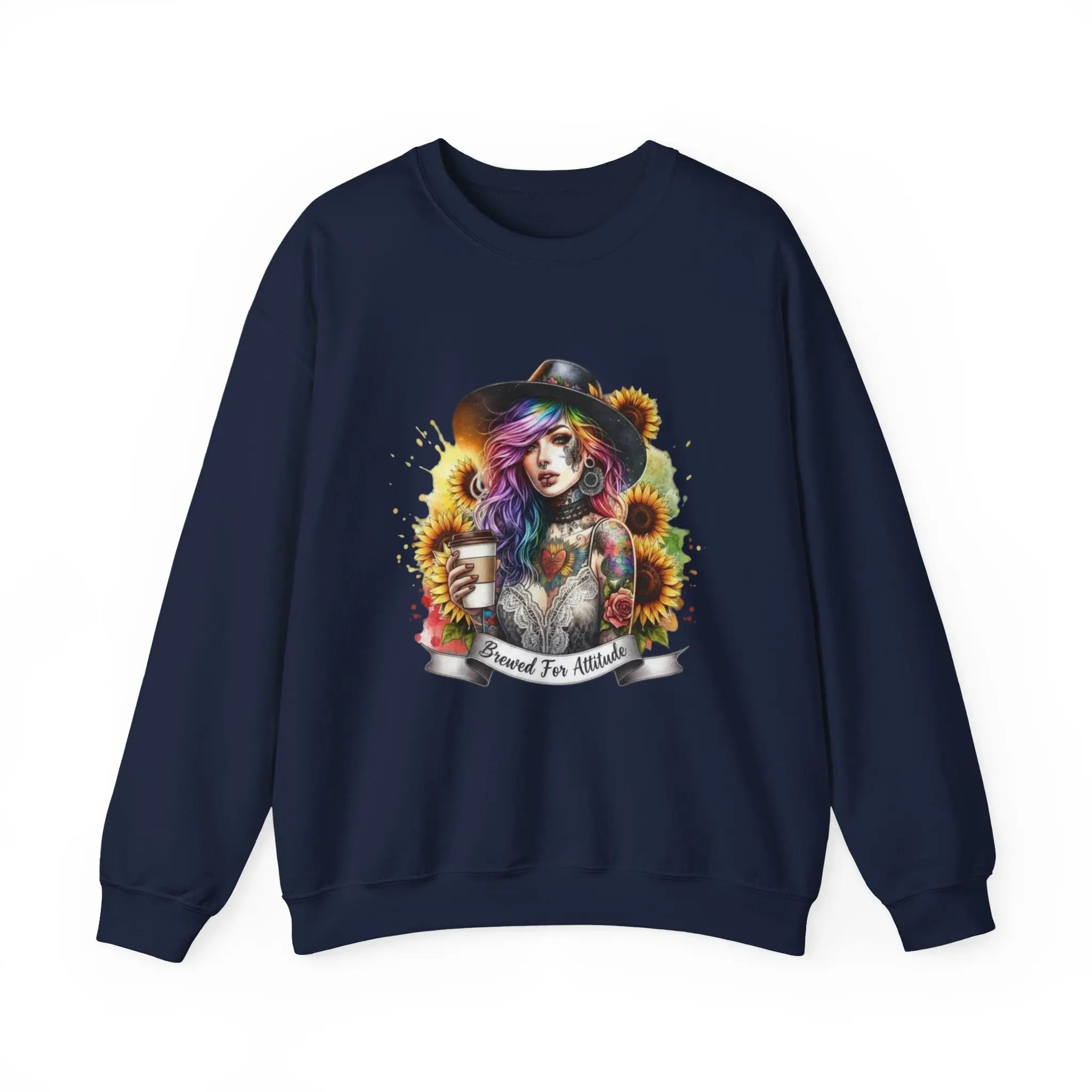 Brewed for Attitude Sunflower Sweatshirt, Cozy Unisex Crewneck, Gifts for Her, Trendy Fall Apparel, Tattoo Art Fashion Printify