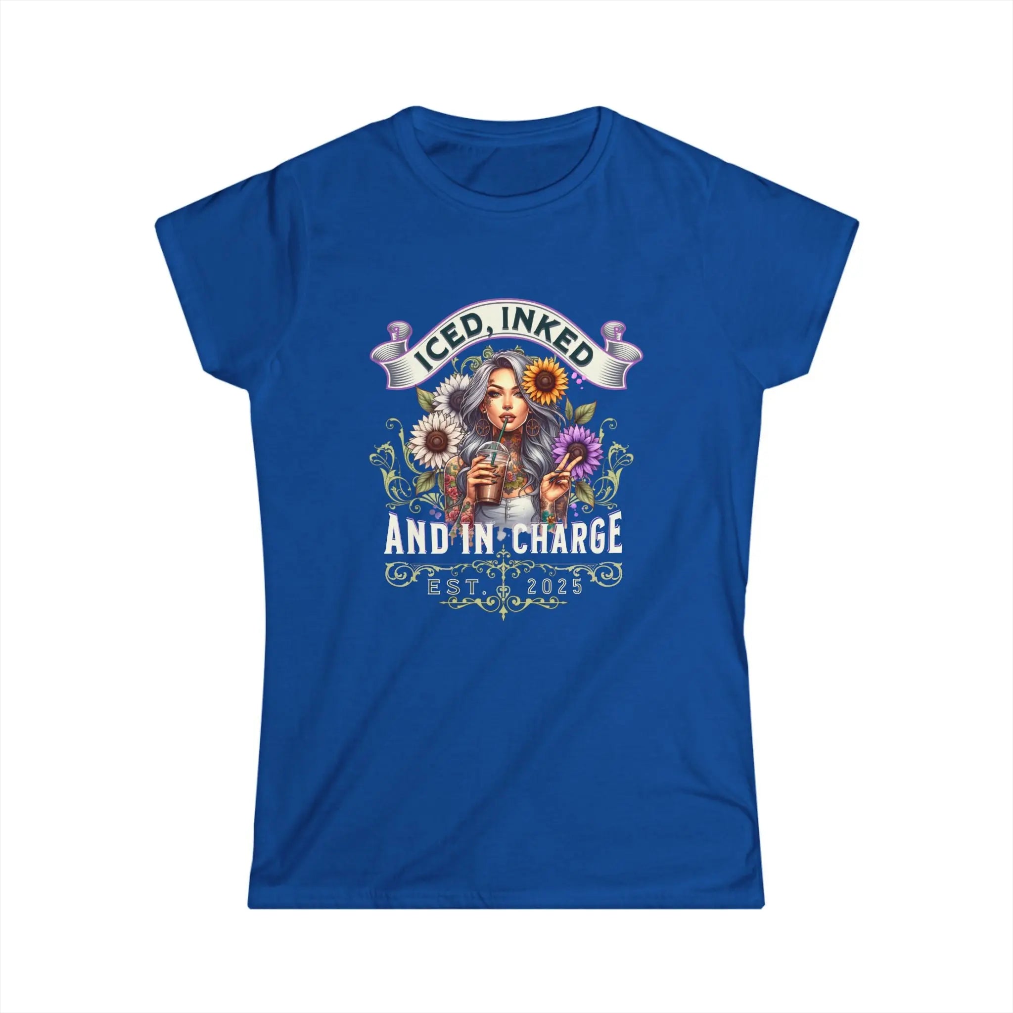 Iced, Inked, In Charge T-Shirt – Tattooed Woman with Iced Coffee & Sunflowers Printify