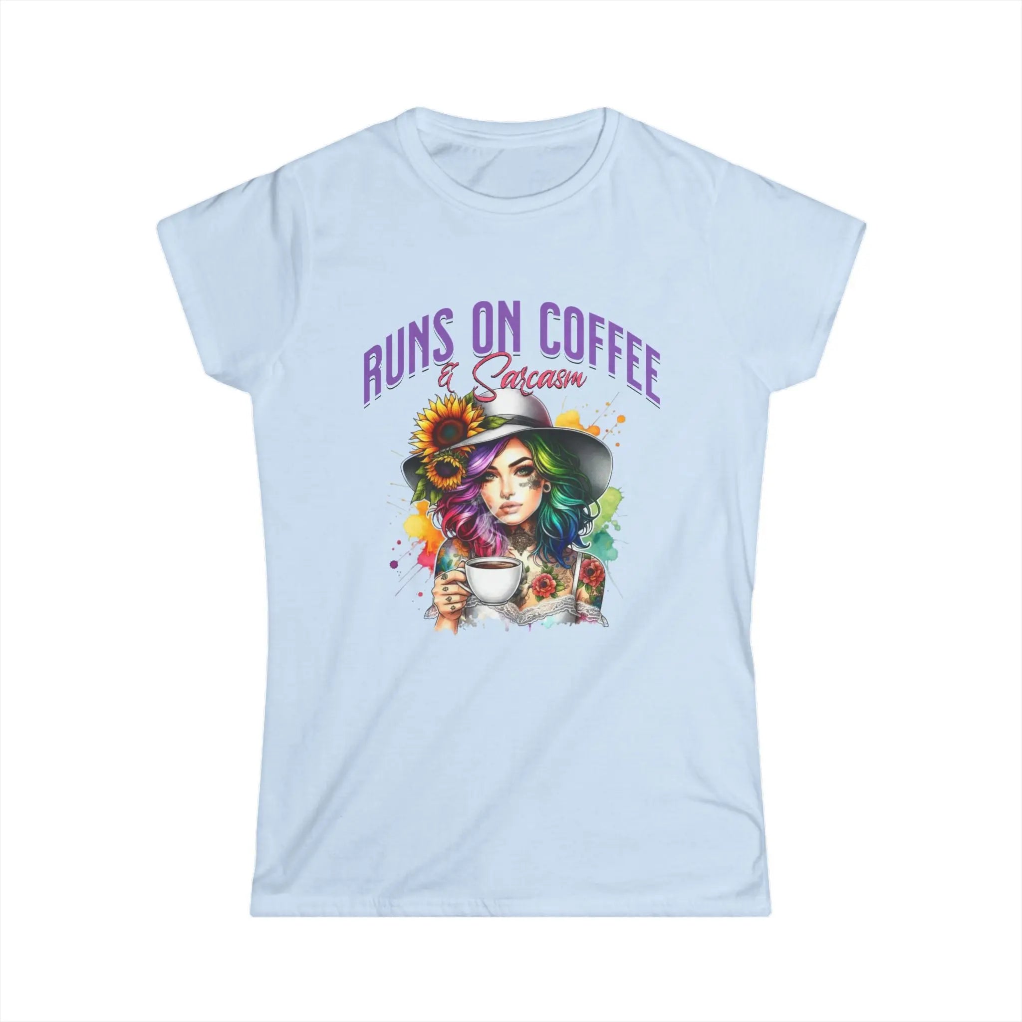 Runs on Coffee and Sarcasm T-shirt- Handmade Gift for Women, Casualwear, Coffee Addict Shirt, Fun Graphic Tee, Unique Gift Idea Printify