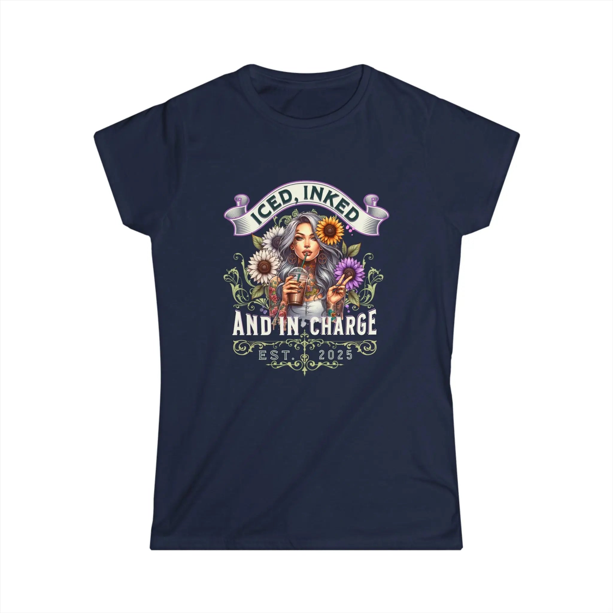 Iced, Inked, In Charge T-Shirt – Tattooed Woman with Iced Coffee & Sunflowers Printify