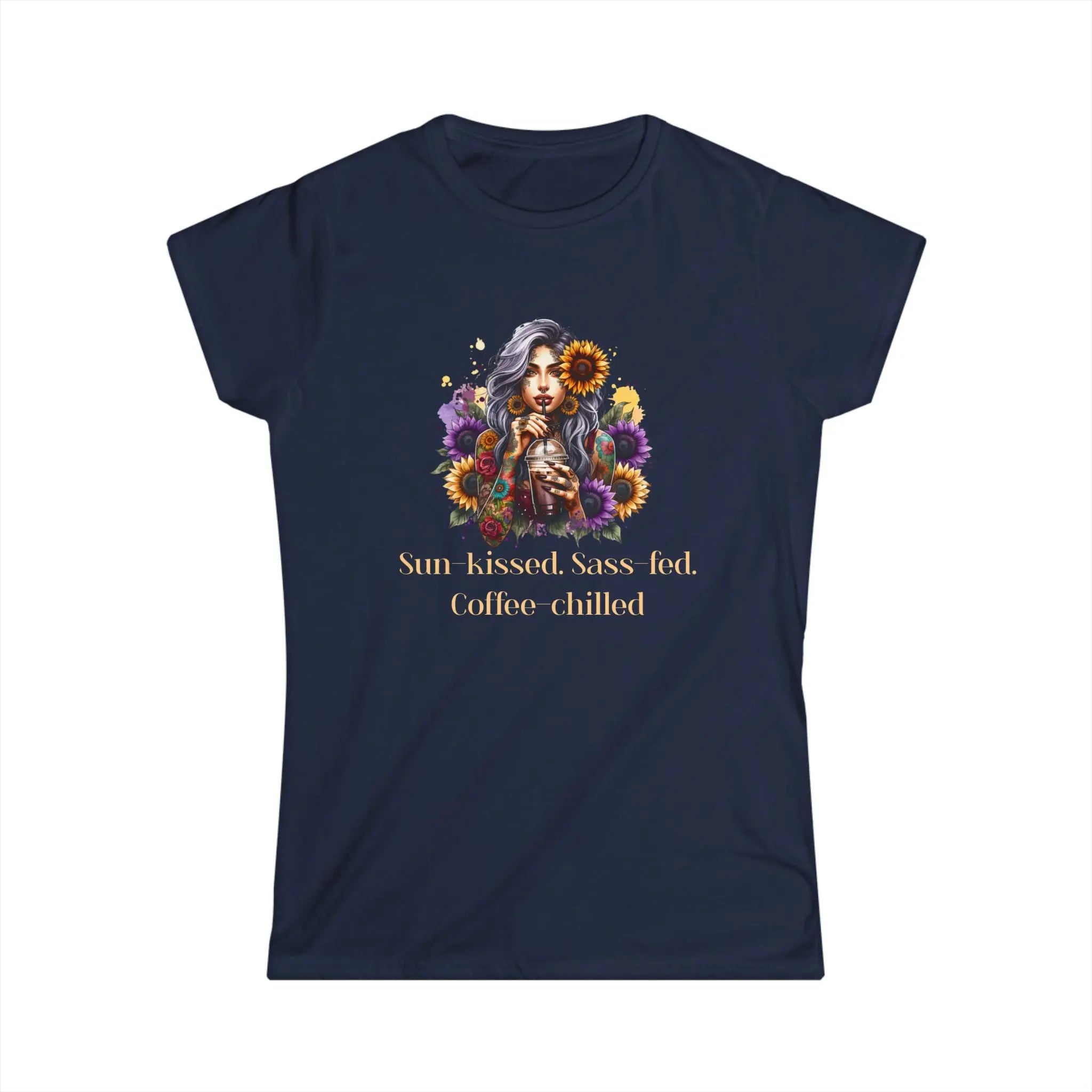 Sun-Kissed Tshirt -  Sass-Fed, Coffee Chilled - Sunflower Tattoo Woman Coffee Tee Printify