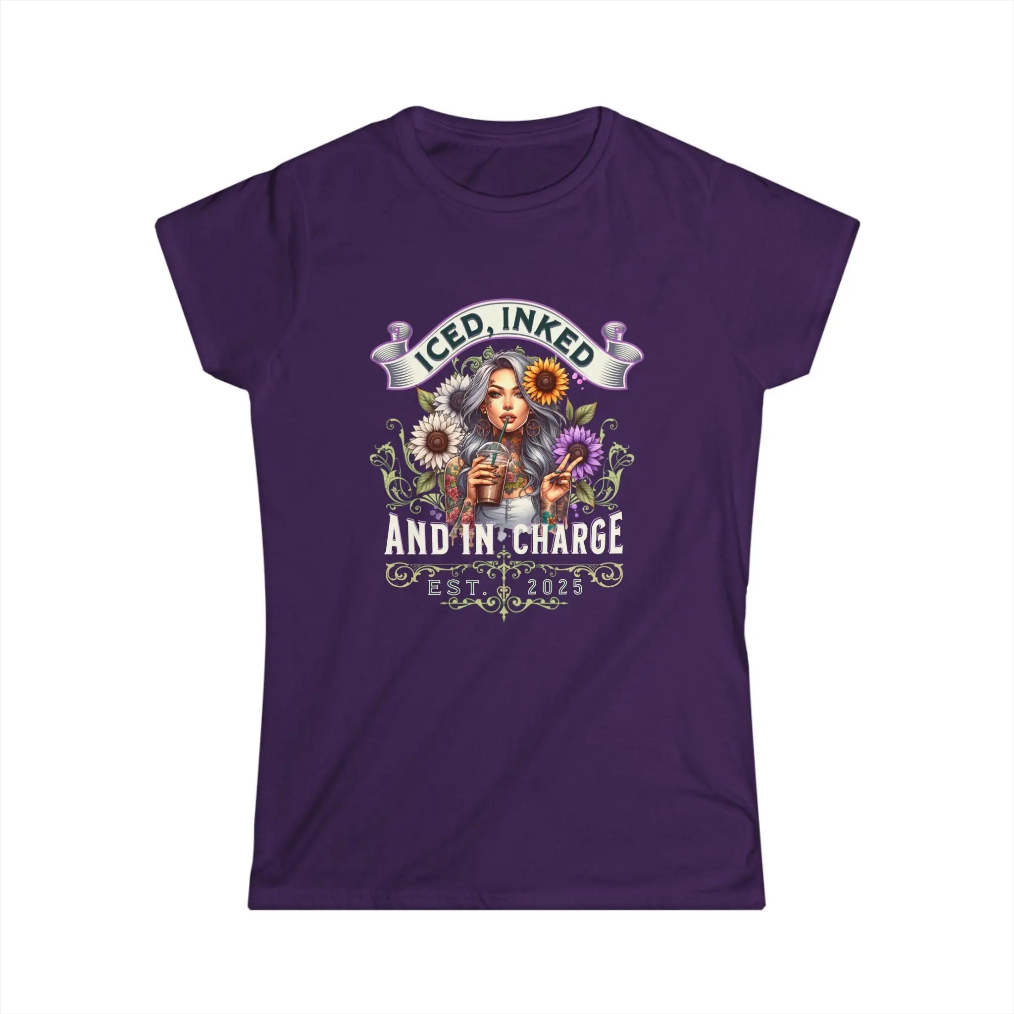 Iced, Inked, In Charge T-Shirt – Tattooed Woman with Iced Coffee & Sunflowers Printify