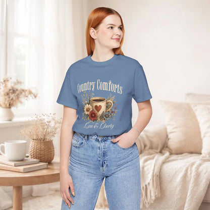 Country Comforts Tee – Love & Liberty Coffee Floral Graphic Shirt Printify