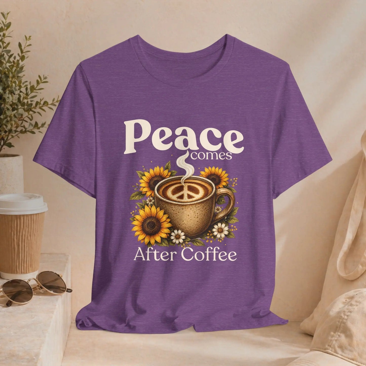 Peace Comes After Coffee Tee — Sunflower Coffee Lover T-Shirt Printify