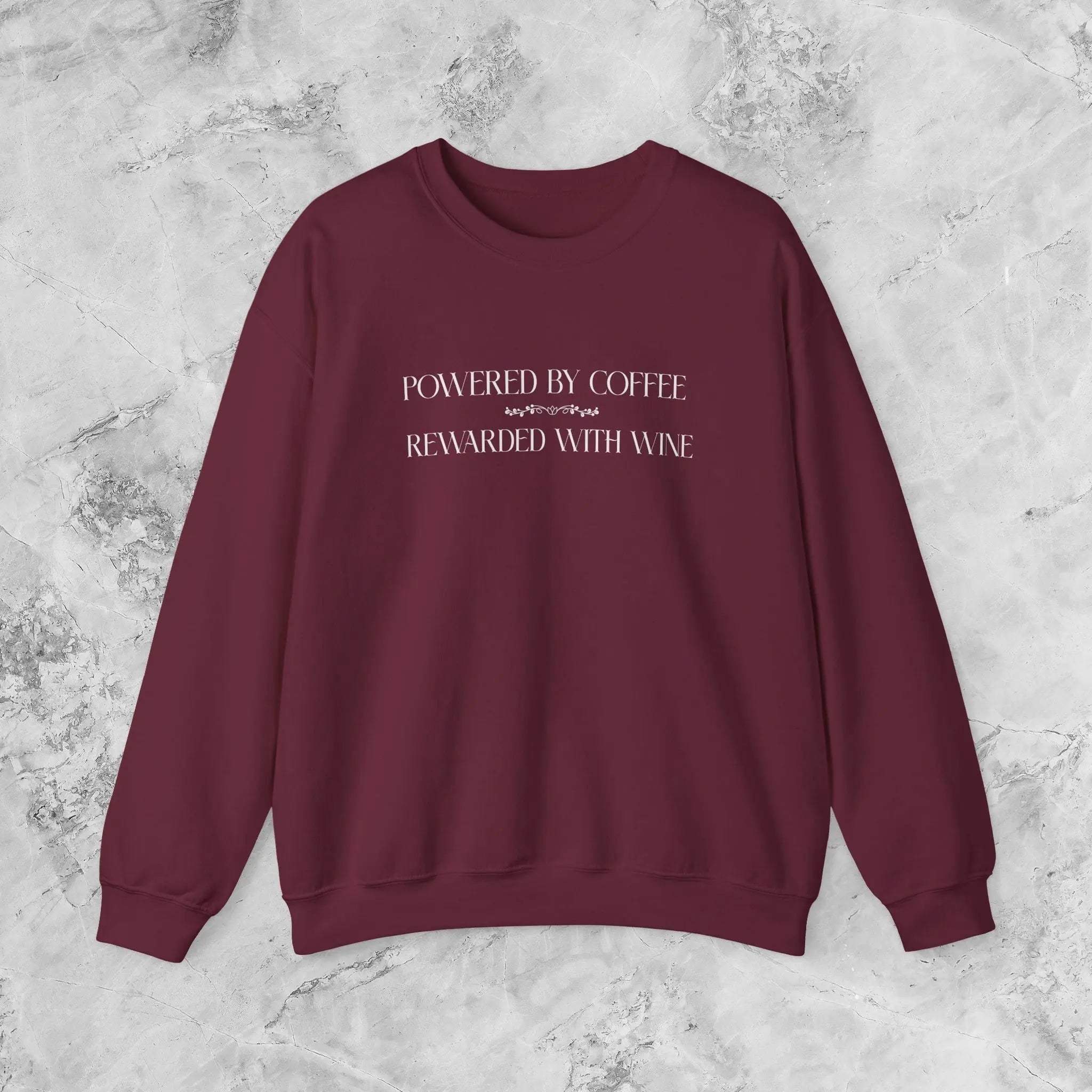 "Powered by Coffee, Rewarded with Wine" Crewneck Sweatshirt — Cozy Casual Coffee & Wine Lover Pullover Printify