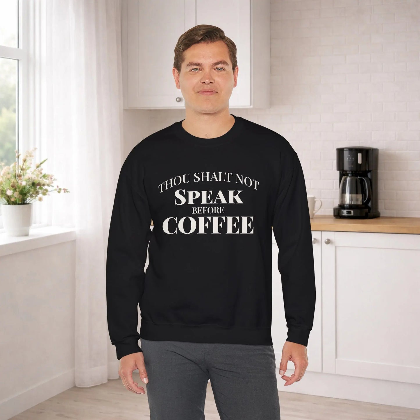 Speak Before Coffee Sweatshirt Printify