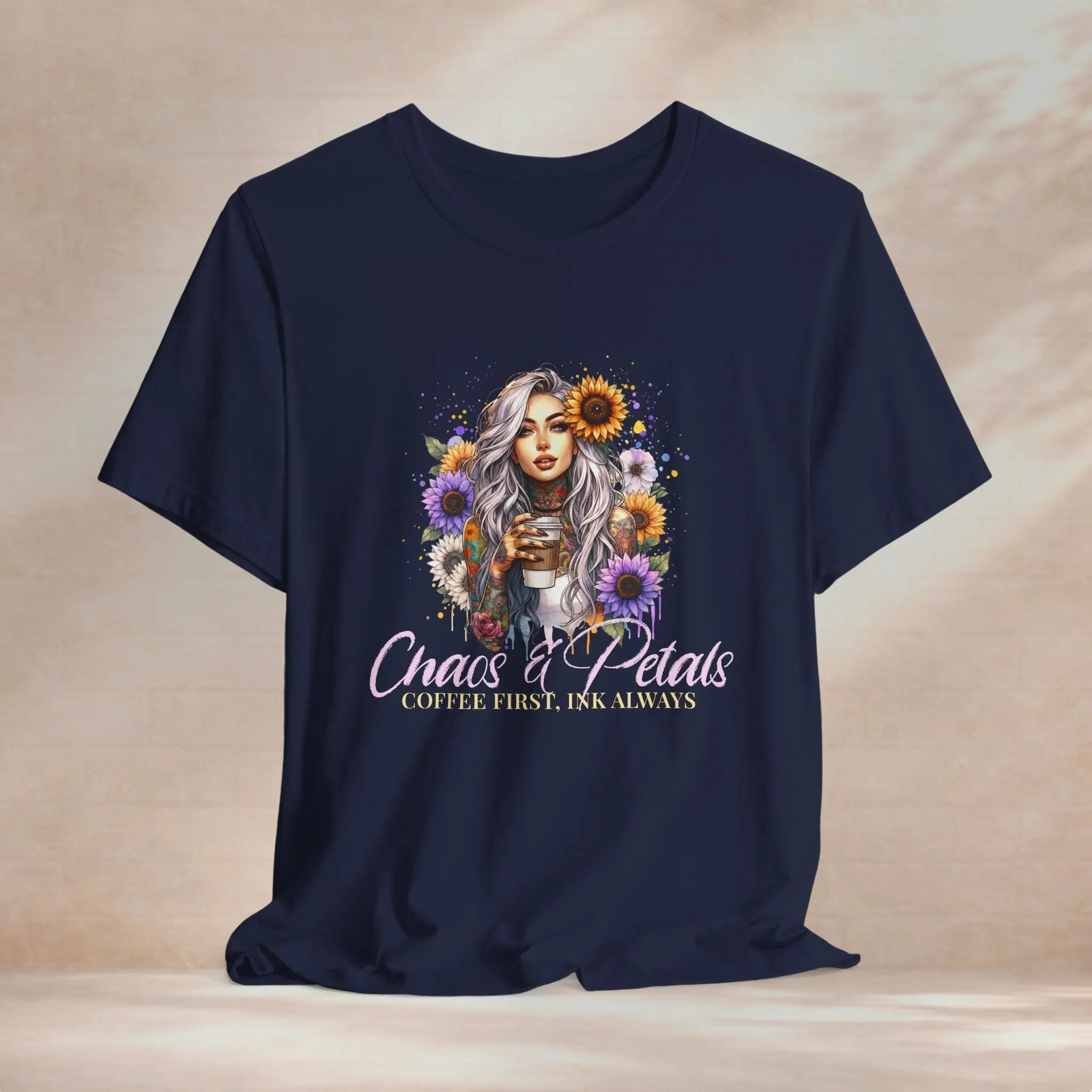 Chaos & Petals T-Shirt — 'Coffee First, Ink Always' Floral Coffee Tee - Boldly Bitter Company