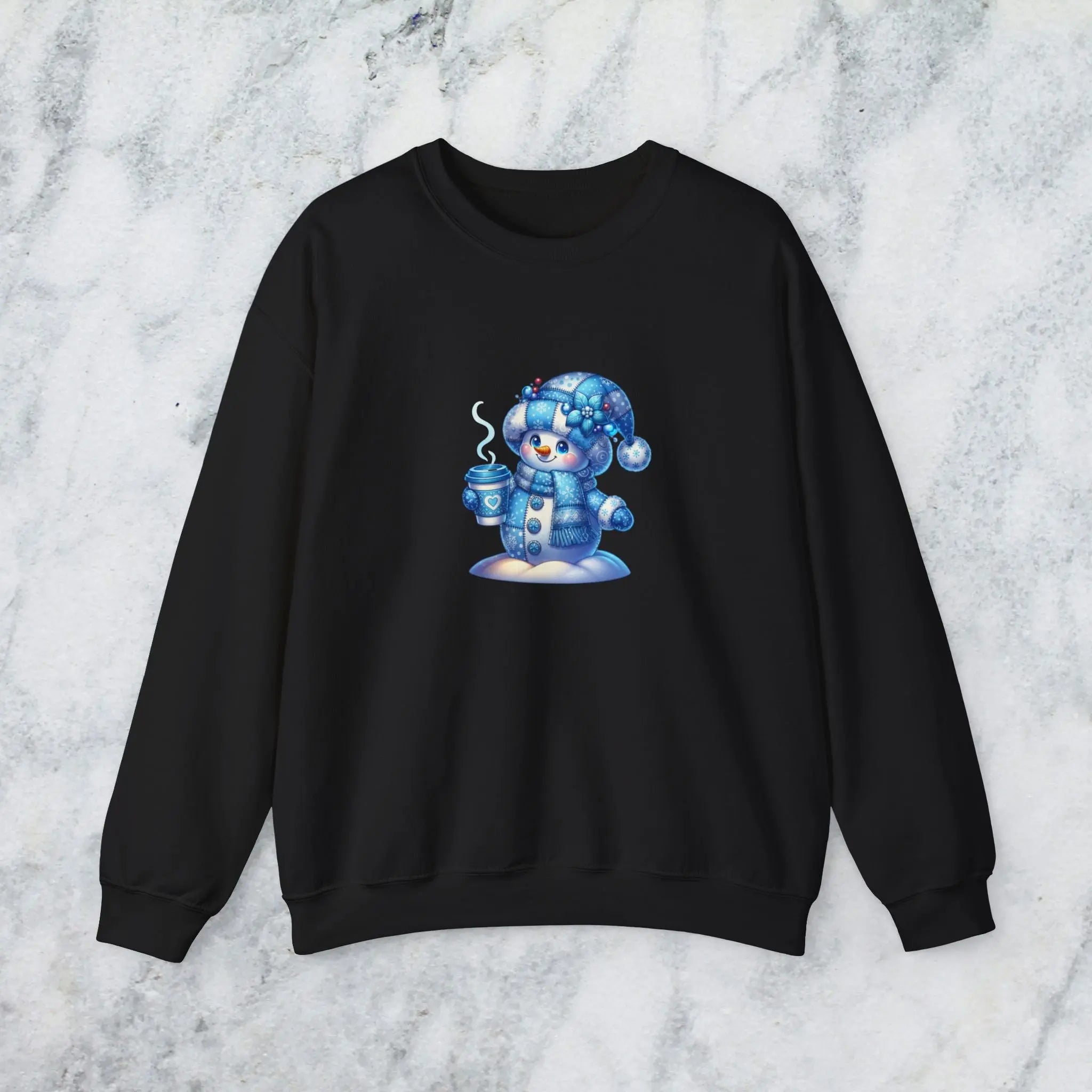 Snowman Coffee Faux Patchwork Sweatshirt — Cute Winter Crewneck Printify