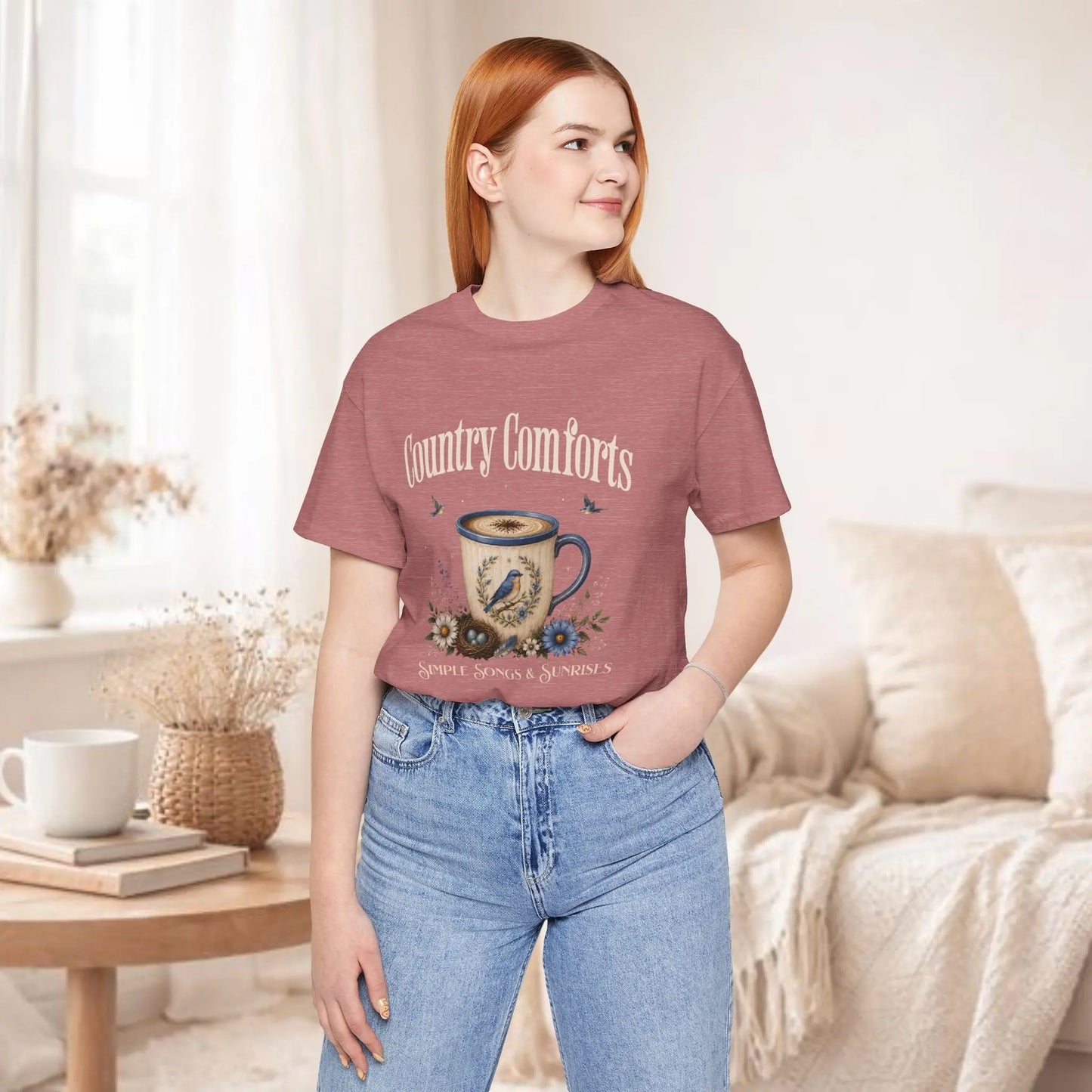 Country Comforts Tee — 'Simple Song & Sunrises' Coffee Mug Bird Floral Graphic T‑Shirt Printify