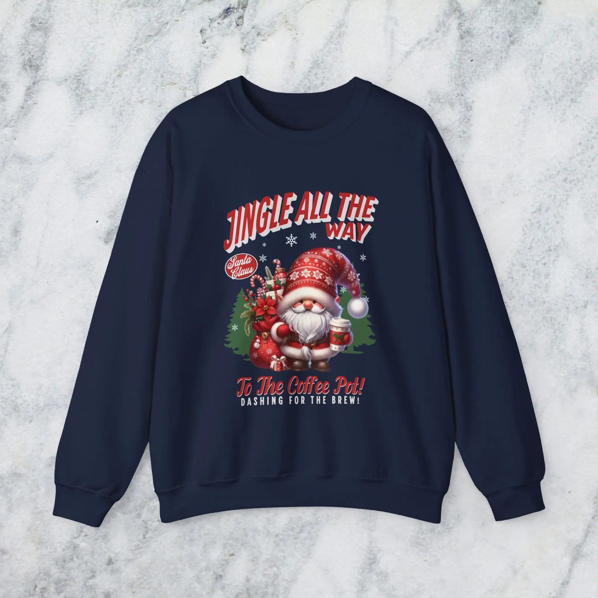 Jingle All the Way Sweatshirt - Cute Santa Holding Coffee and Toys Printify