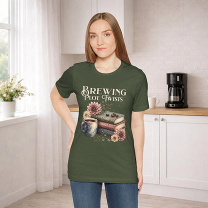 Brewing Plot Twists T‑Shirt — Coffee & Books Literary Tee Printify