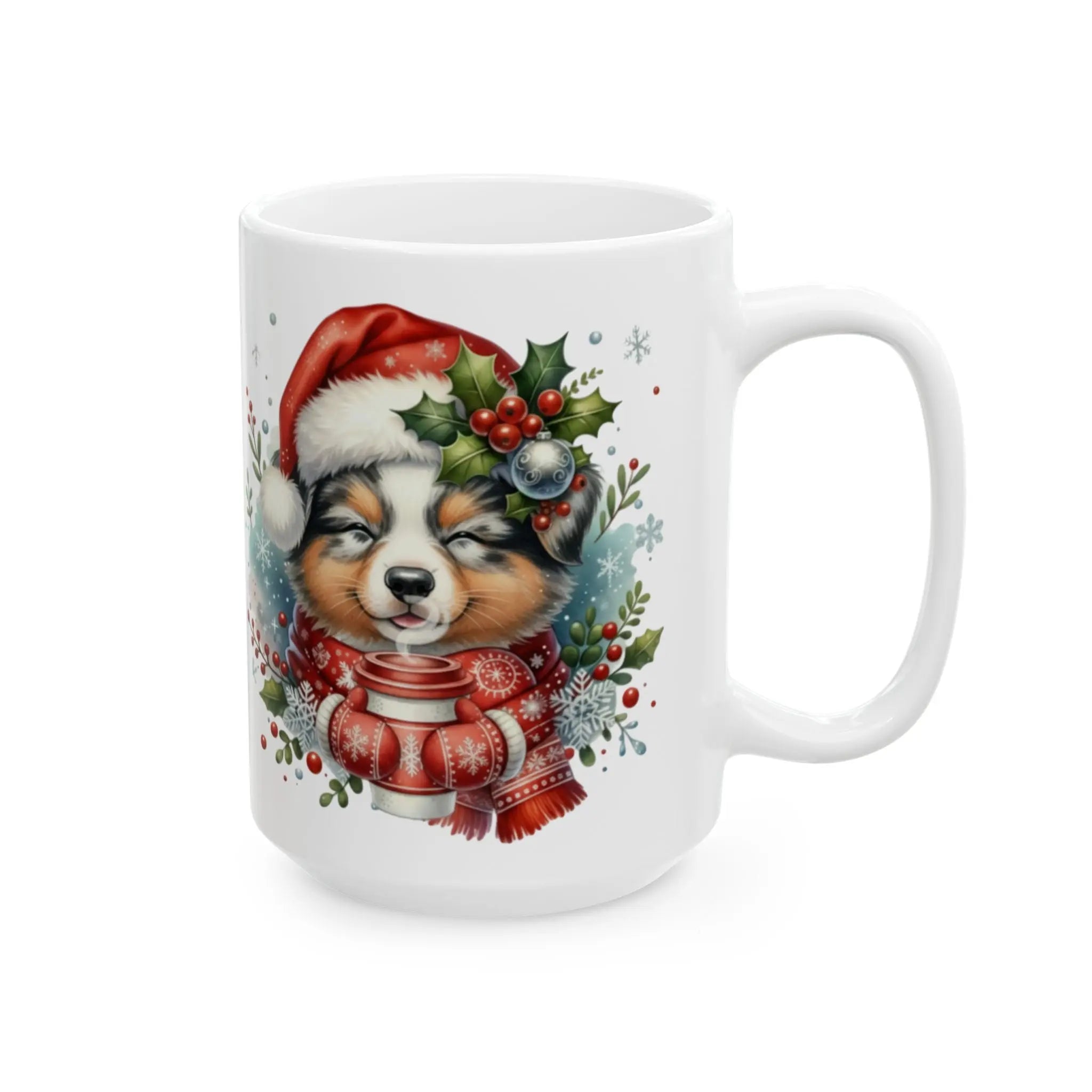 Australian Shepherd Christmas Mug — Dog in Santa Hat & Scarf (15oz) Printify