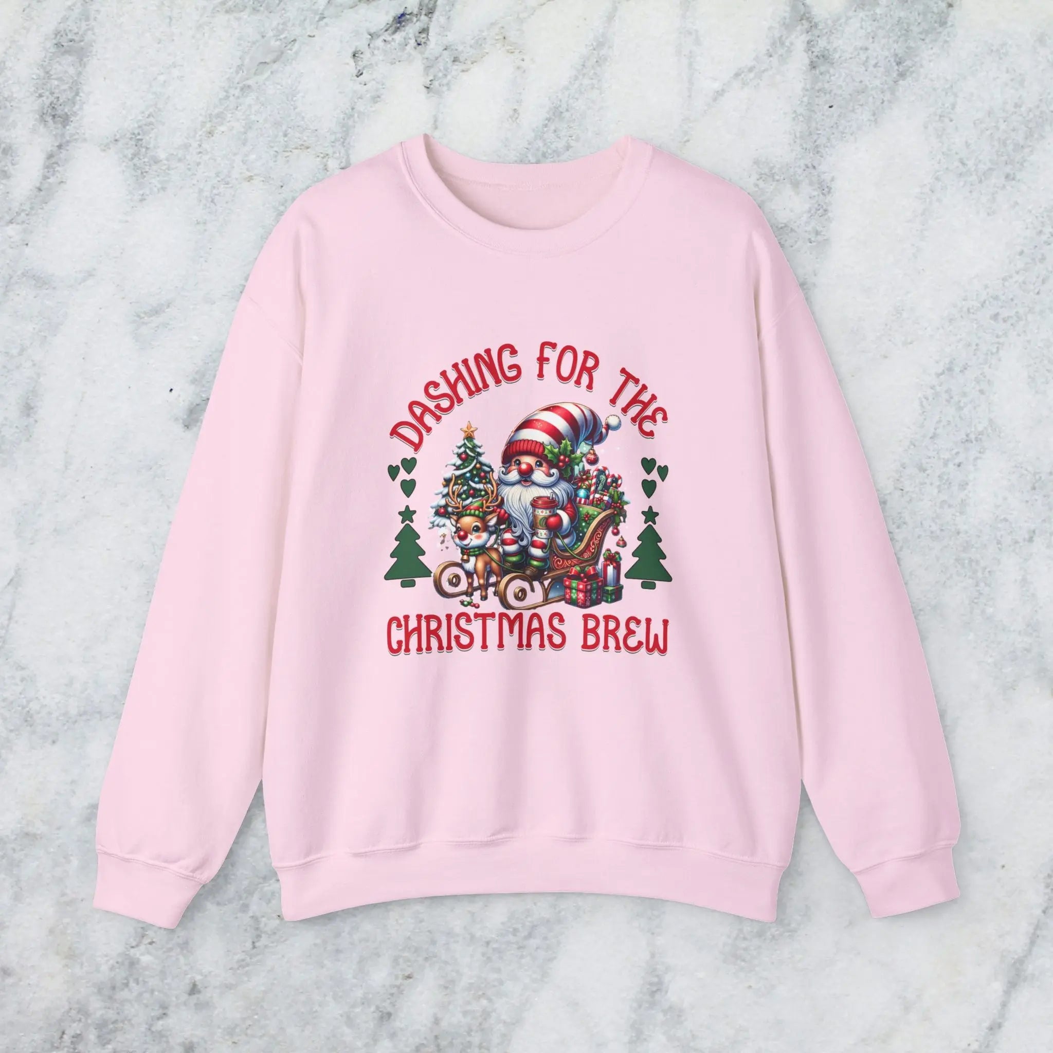 Dashing for the Brew Sweatshirt - Cute Christmas Santa in sleigh with toys and coffee Printify