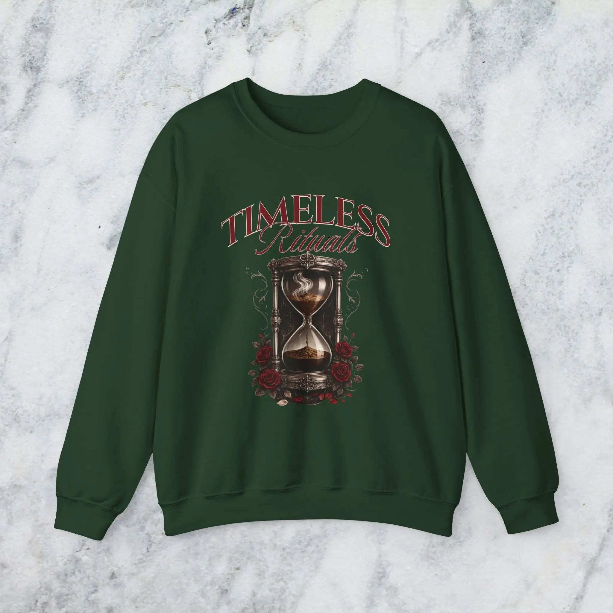 Timeless Rituals Hourglass Crewneck Sweatshirt — Gothic Vintage Rose Graphic Printify
