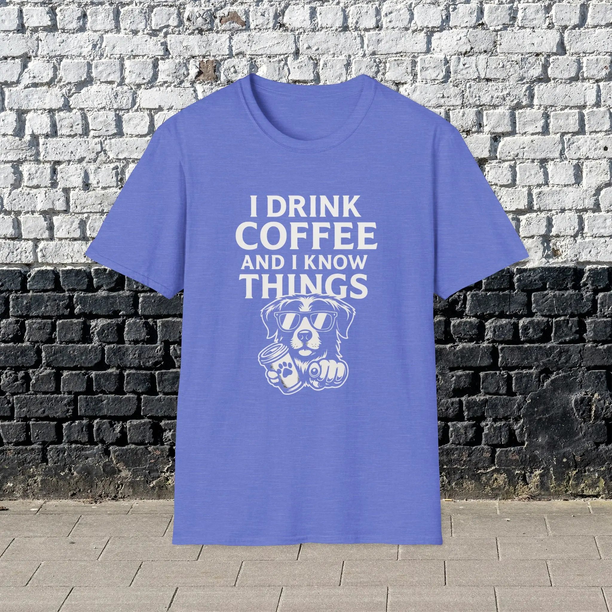 Coffee-Loving Dog T-Shirt — "I Drink Coffee and I Know Things" Printify