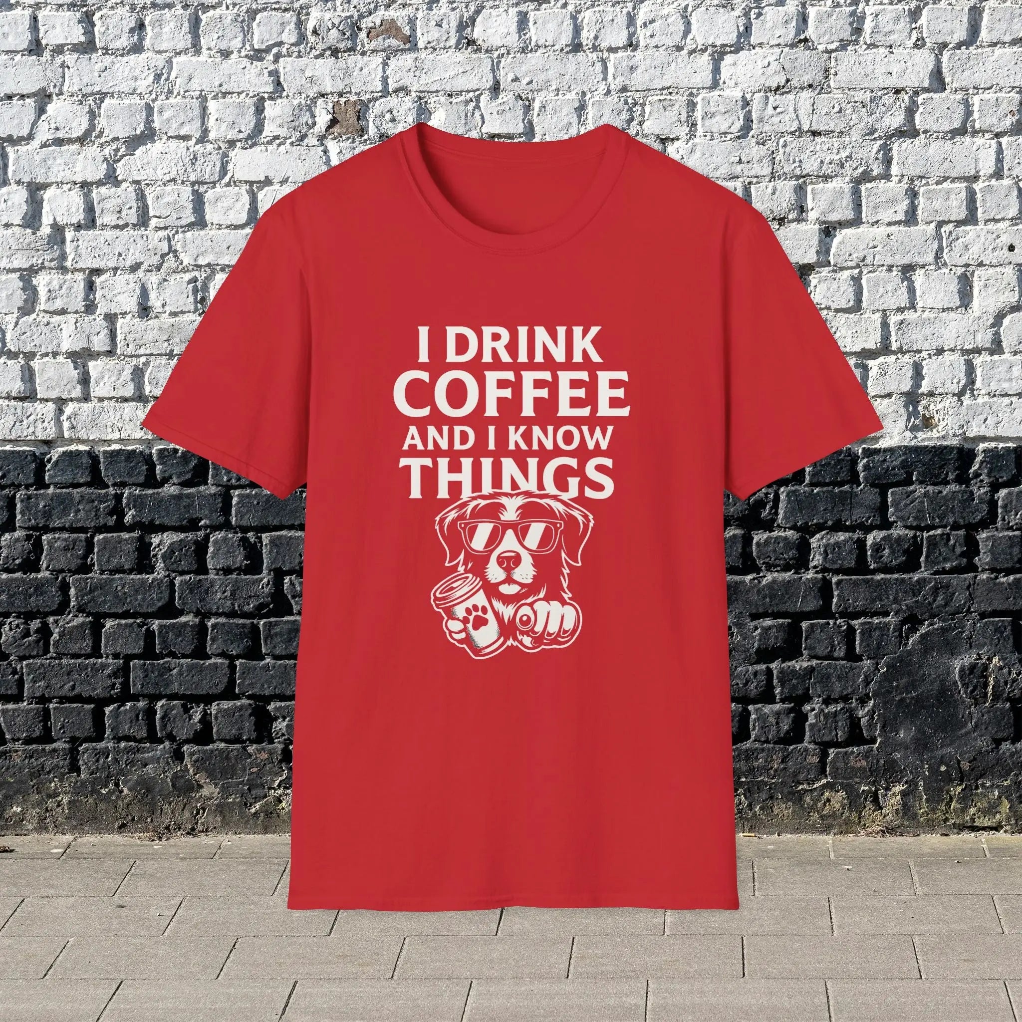 Coffee-Loving Dog T-Shirt — "I Drink Coffee and I Know Things" Printify