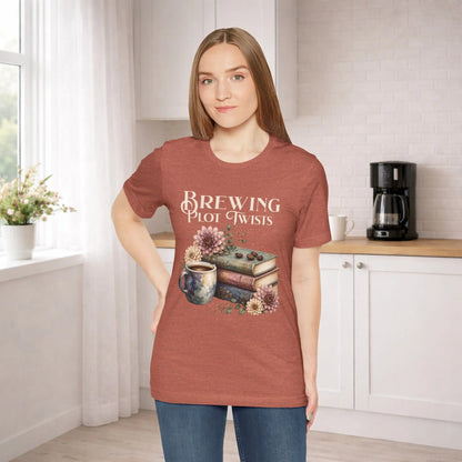 Brewing Plot Twists T‑Shirt — Coffee & Books Literary Tee Printify