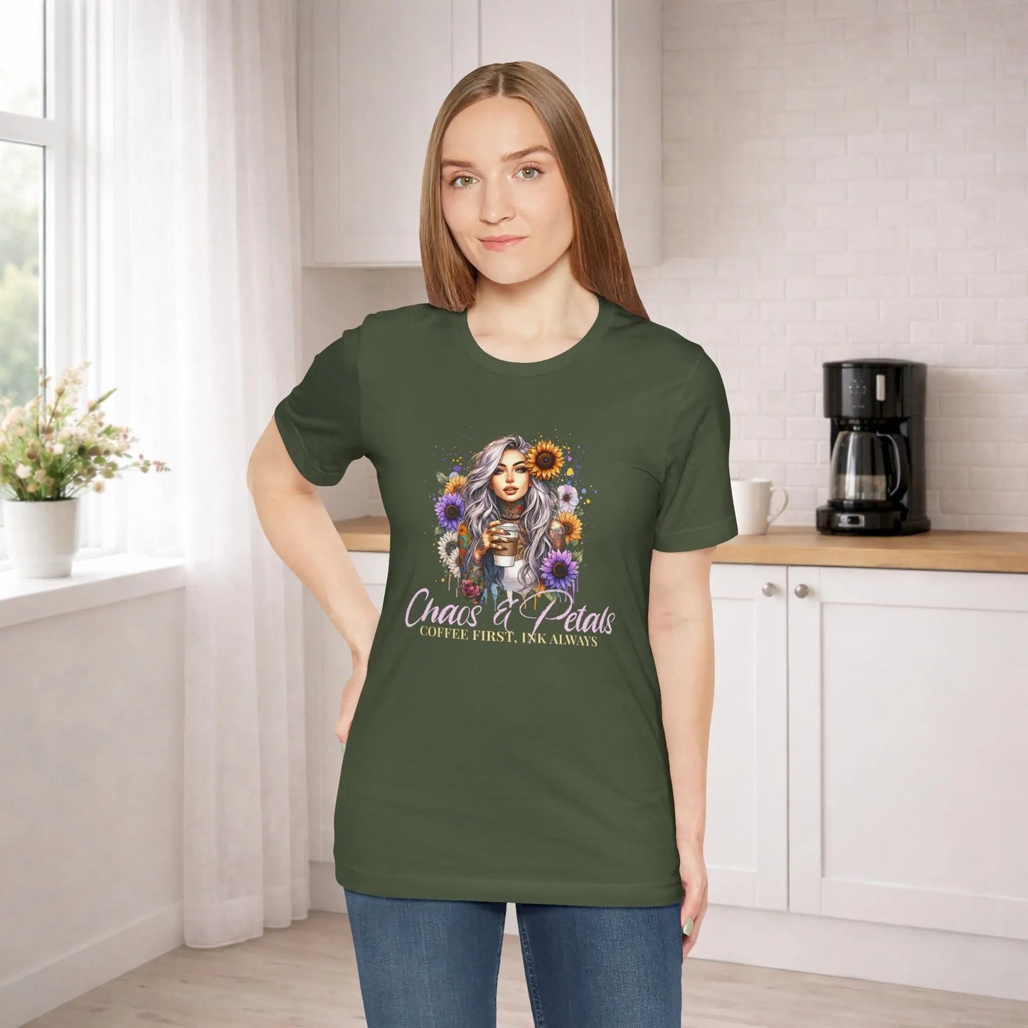Chaos & Petals Coffee T-Shirt Printify