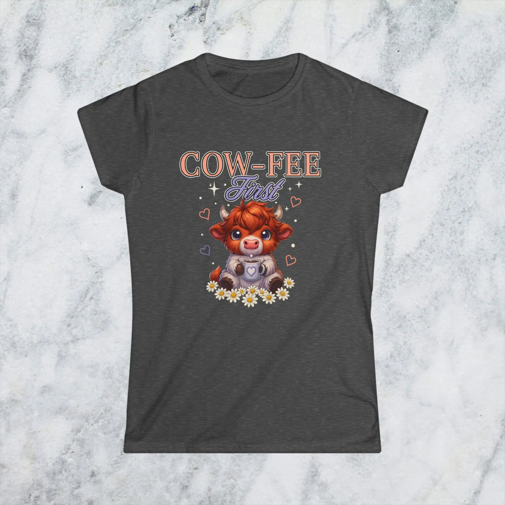 Cute Cow Coffee Tee — "Cow-fee First" Women's Softstyle T-Shirt Printify