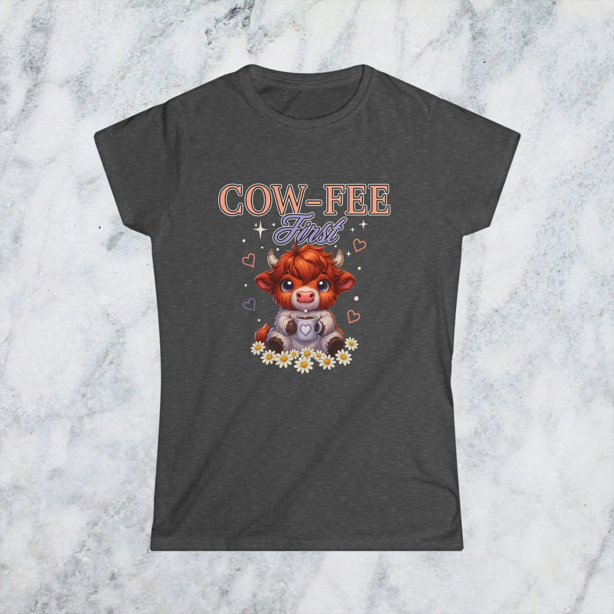 Cute Cow Coffee Tee — "Cow-fee First" Women's Softstyle T-Shirt Printify