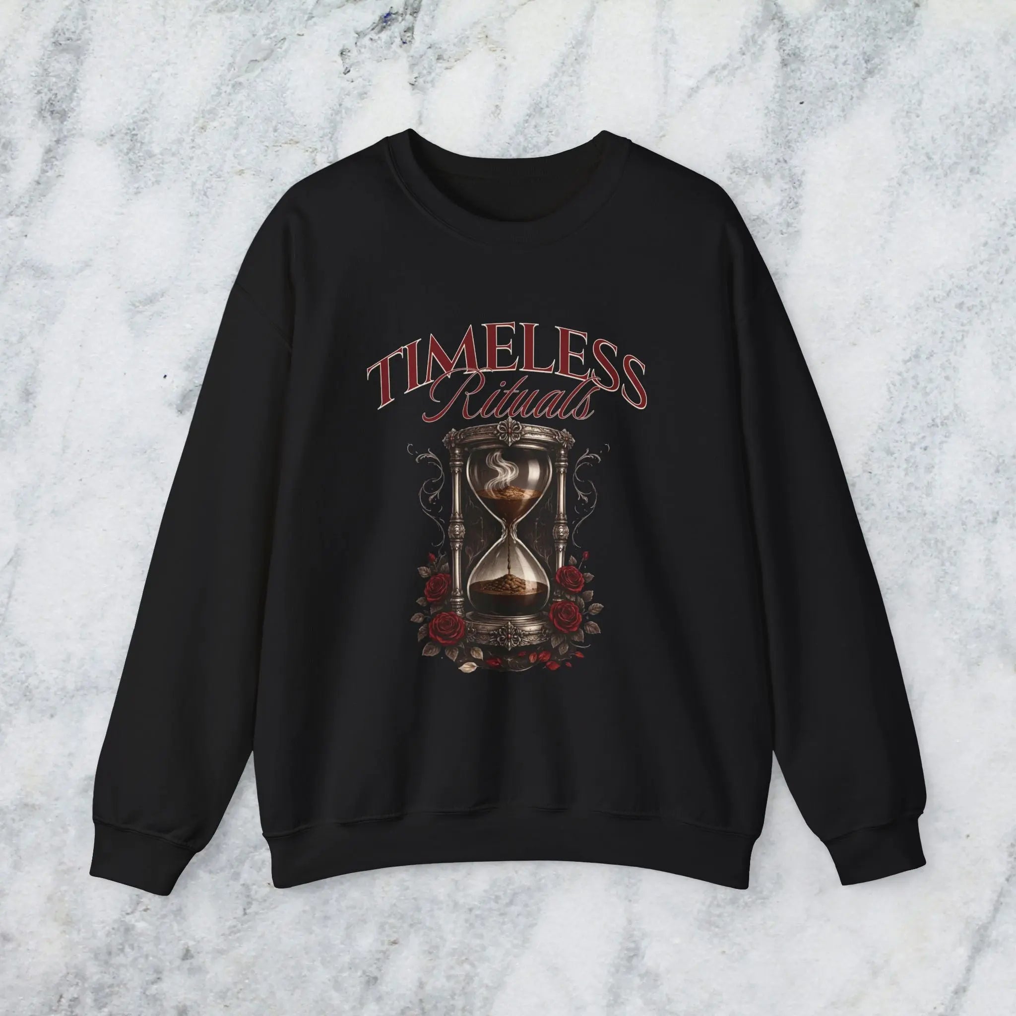 Timeless Rituals Hourglass Crewneck Sweatshirt — Gothic Vintage Rose Graphic Printify