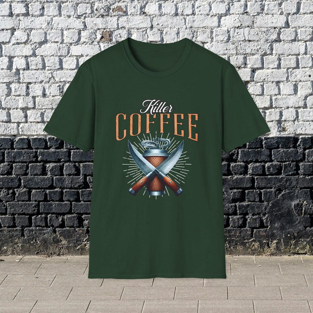 Killer Coffee T-Shirt — Crossed Knives & To-Go Cup Graphic Printify