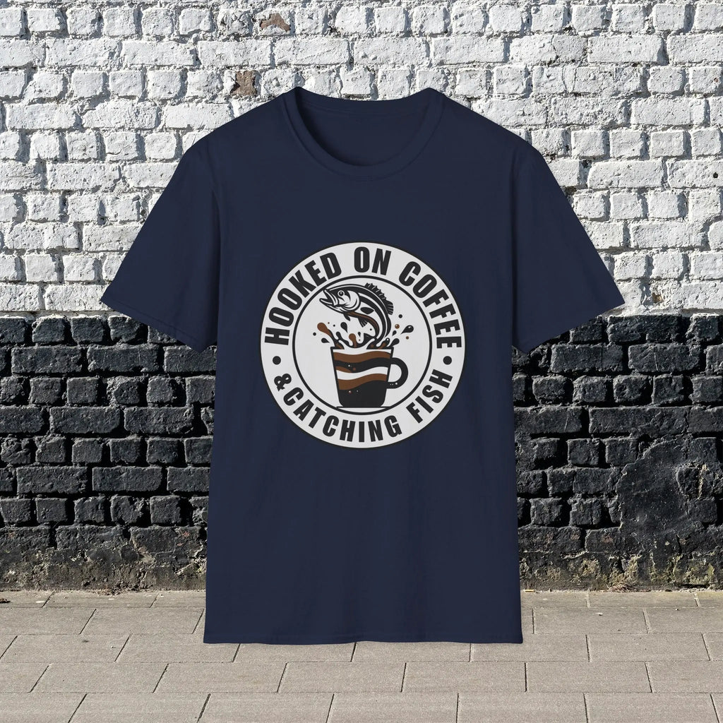 Hooked on Coffee & Catching Fish T‑Shirt – Fishing & Coffee Lover Tee Printify