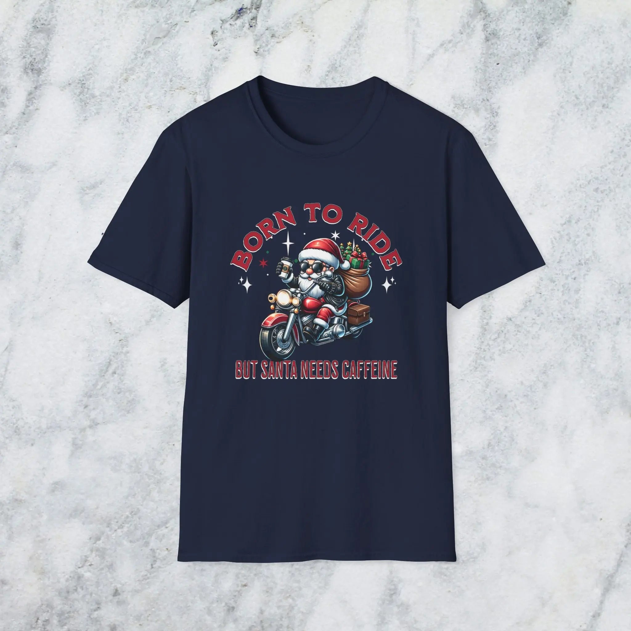 Santa Riding Motorcycle T-Shirt — "Born to Ride but Santa Needs Caffeine" Holiday Tee Printify