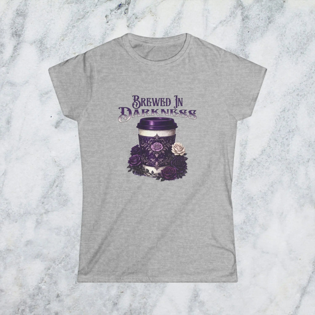 Brewed In Darkness Tee — Gothic Coffee Cup Floral Design Printify