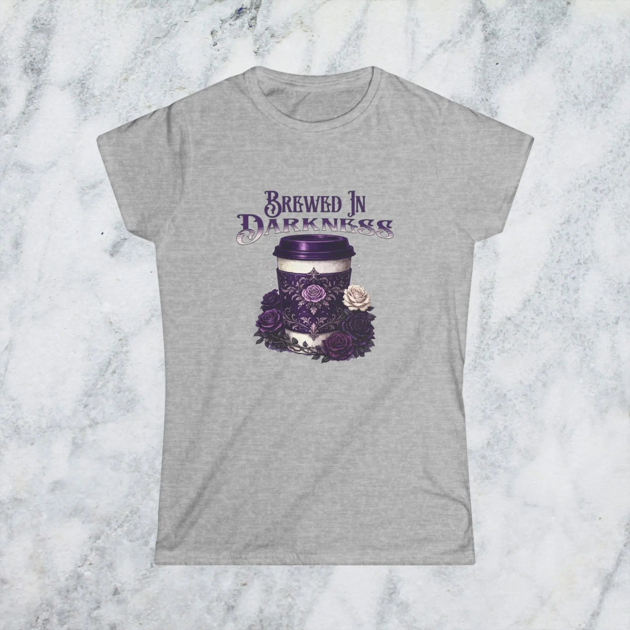 Brewed In Darkness Tee — Gothic Coffee Cup Floral Design Printify
