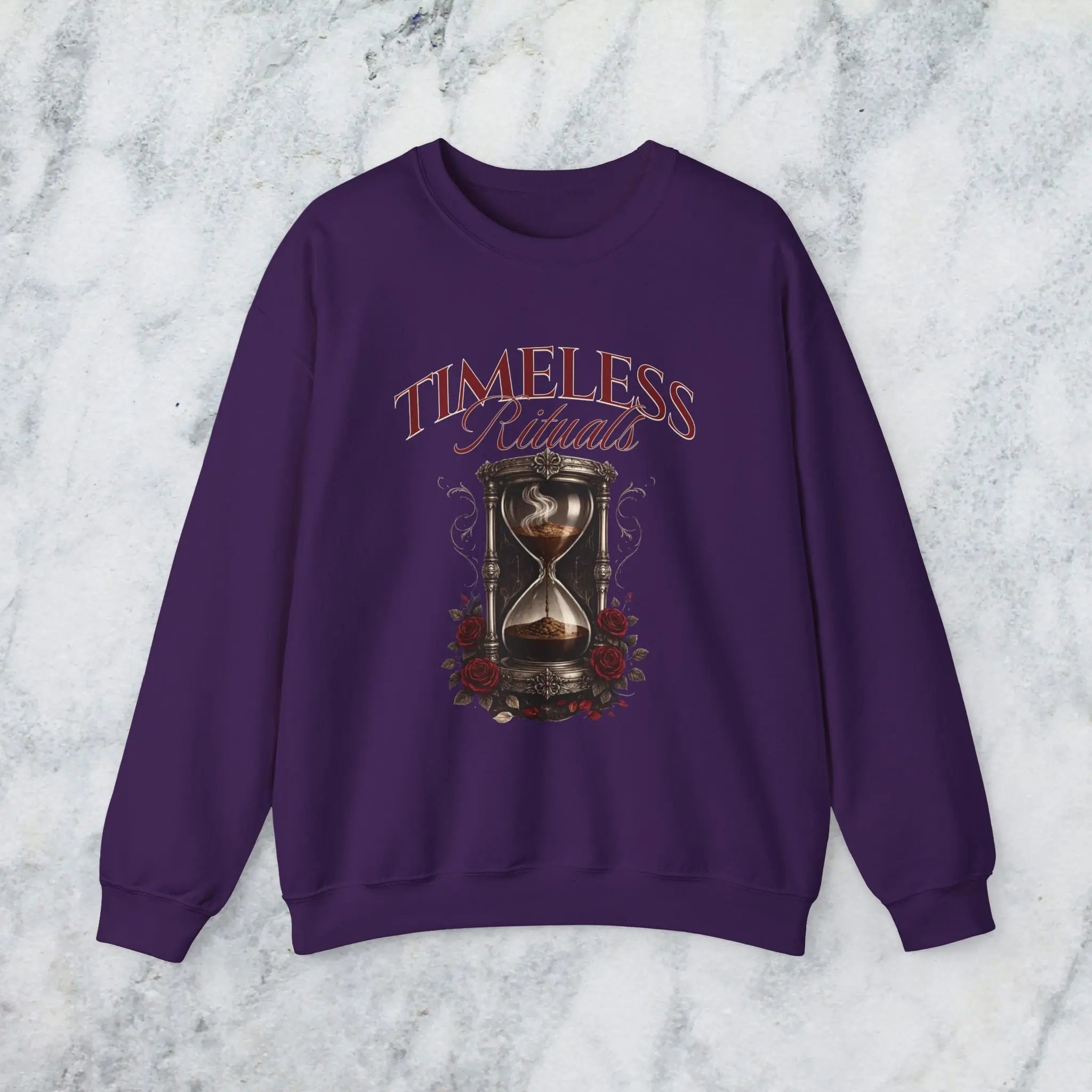 Timeless Rituals Hourglass Crewneck Sweatshirt — Gothic Vintage Rose Graphic Printify